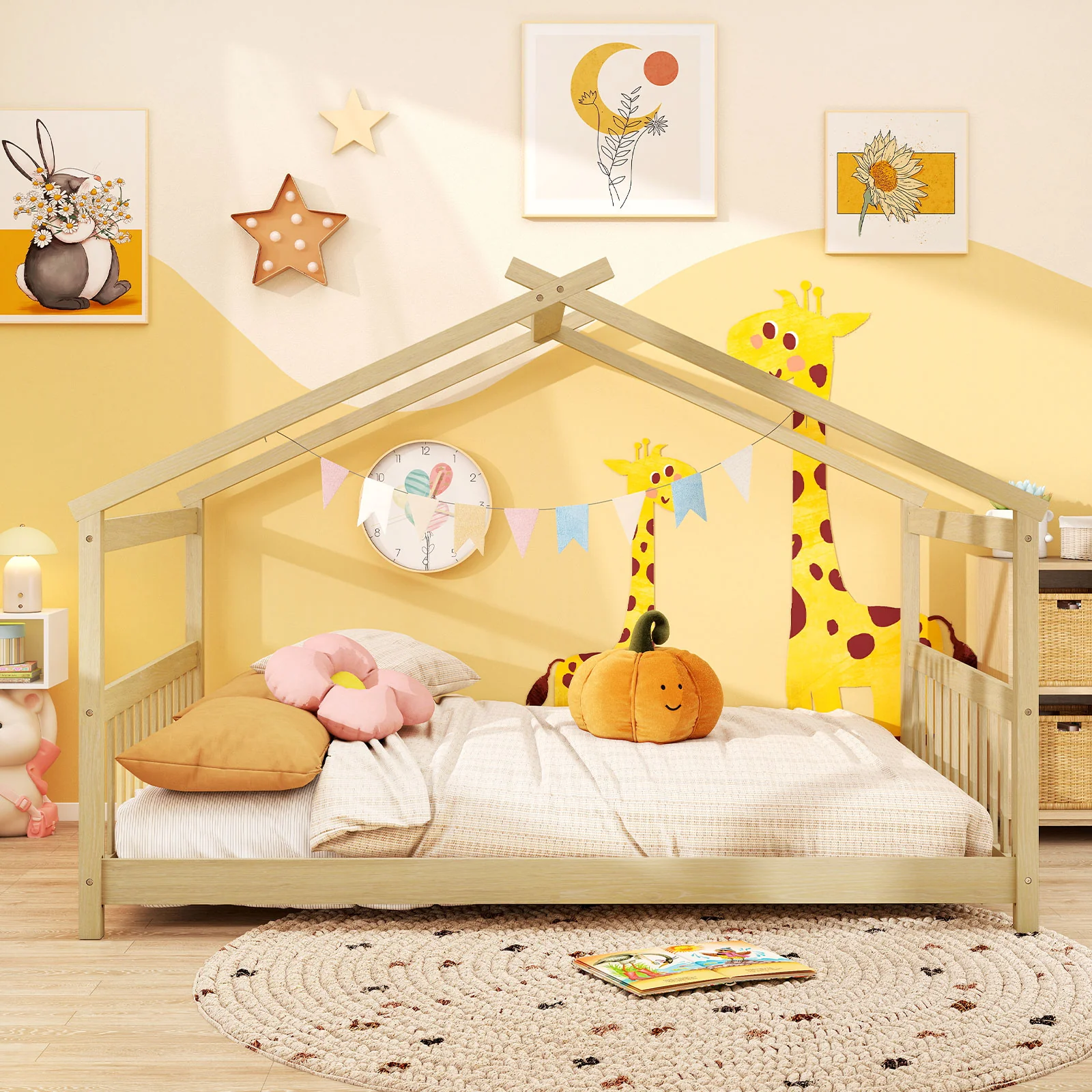 Full Size House Bed, Montessori Floor Bed With Headboard, Natural - Image 6