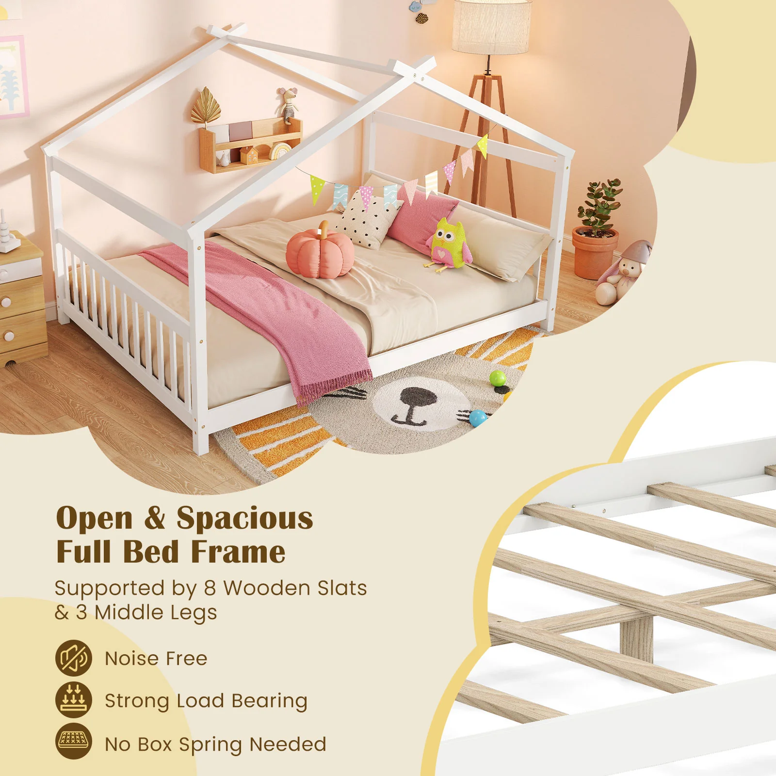 Full Size House Bed, Montessori Floor Bed With Headboard, White - Image 10