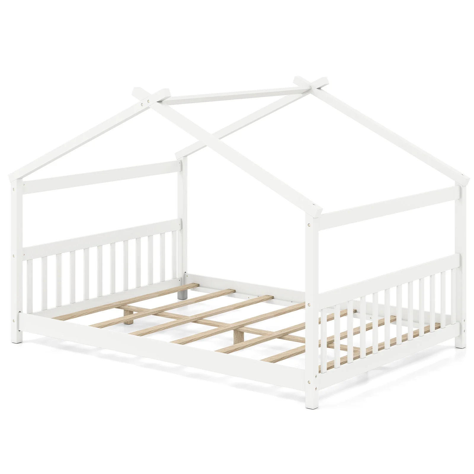 Full Size House Bed, Montessori Floor Bed With Headboard, White - Image 3
