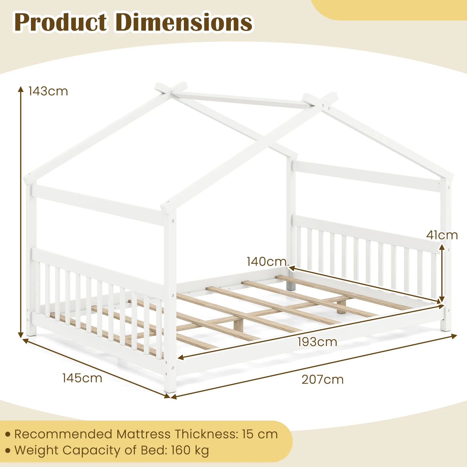 Full Size House Bed, Montessori Floor Bed With Headboard, White - Image 4