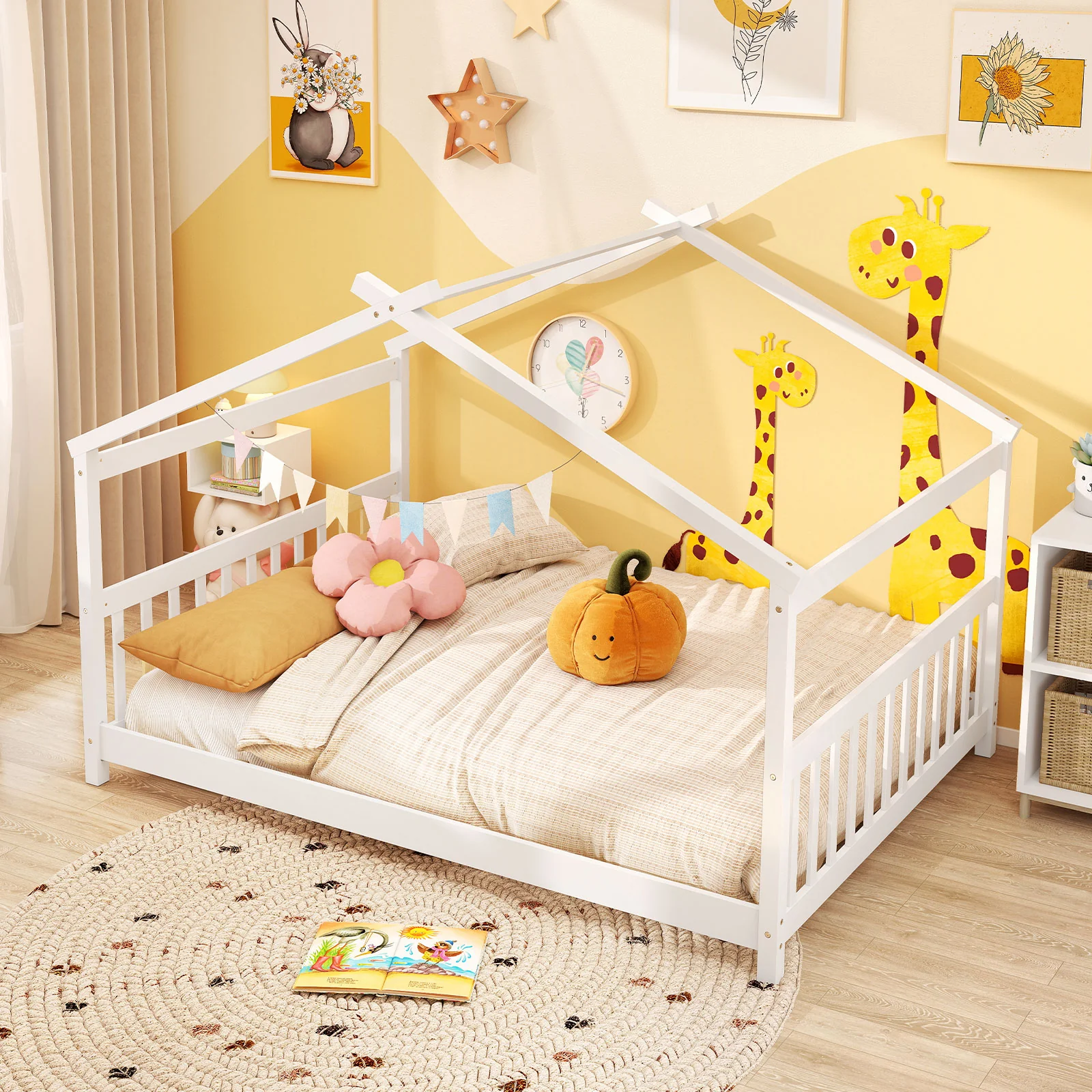 Full Size House Bed, Montessori Floor Bed With Headboard, White - Image 5