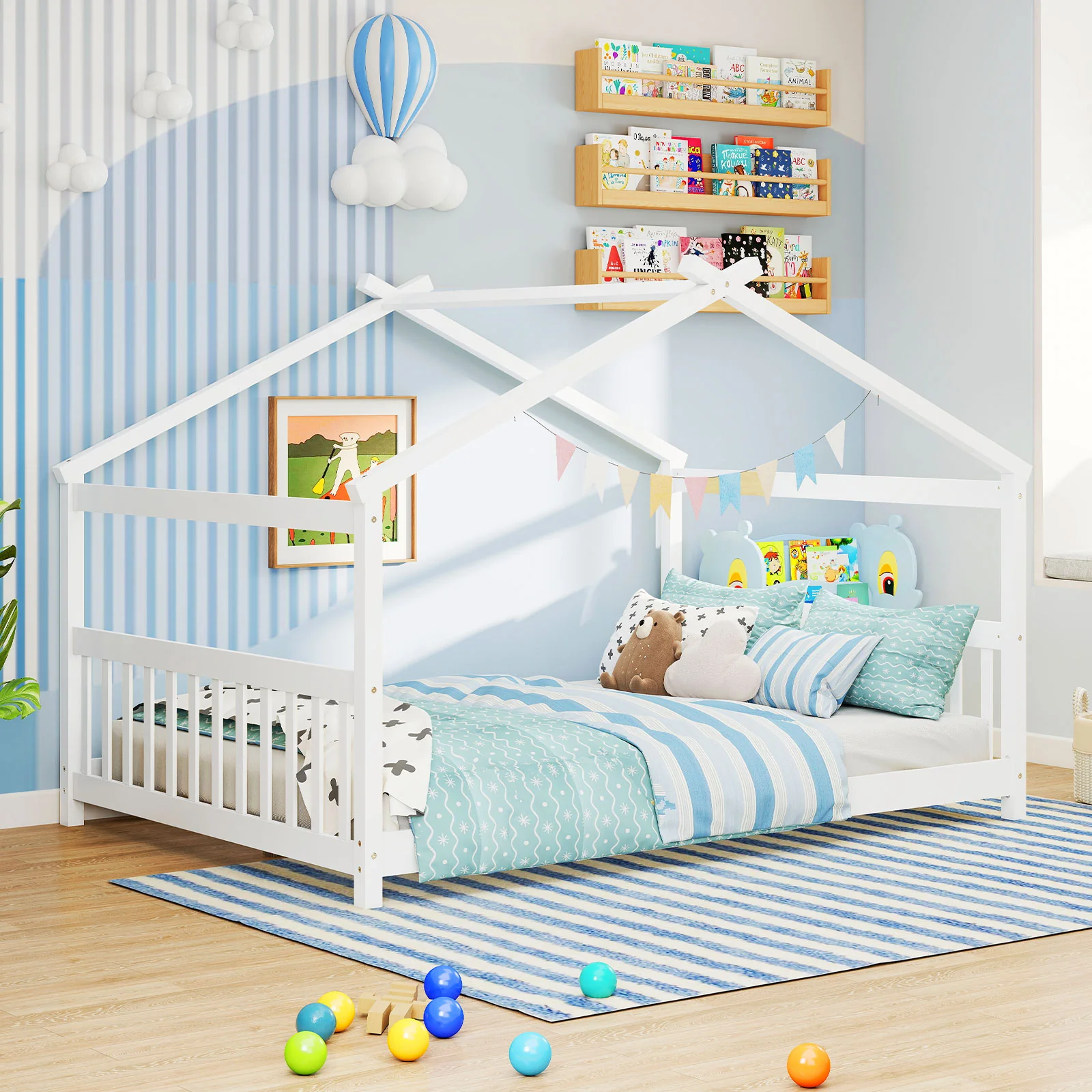 Full Size House Bed, Montessori Floor Bed With Headboard, White - Image 6