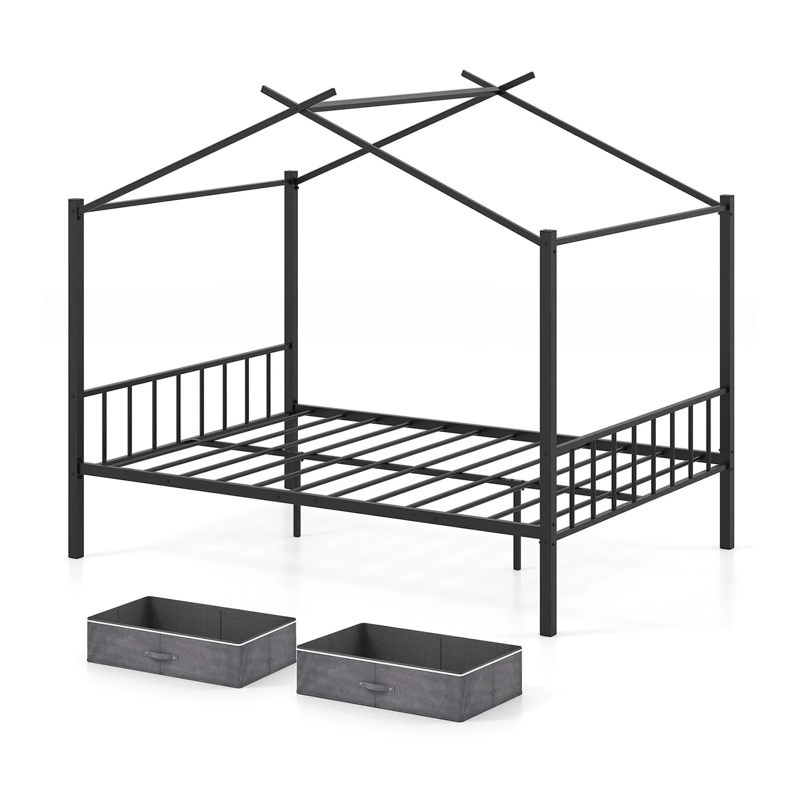 Full Size Metal House Bed With 2 Fabric Drawers, Black