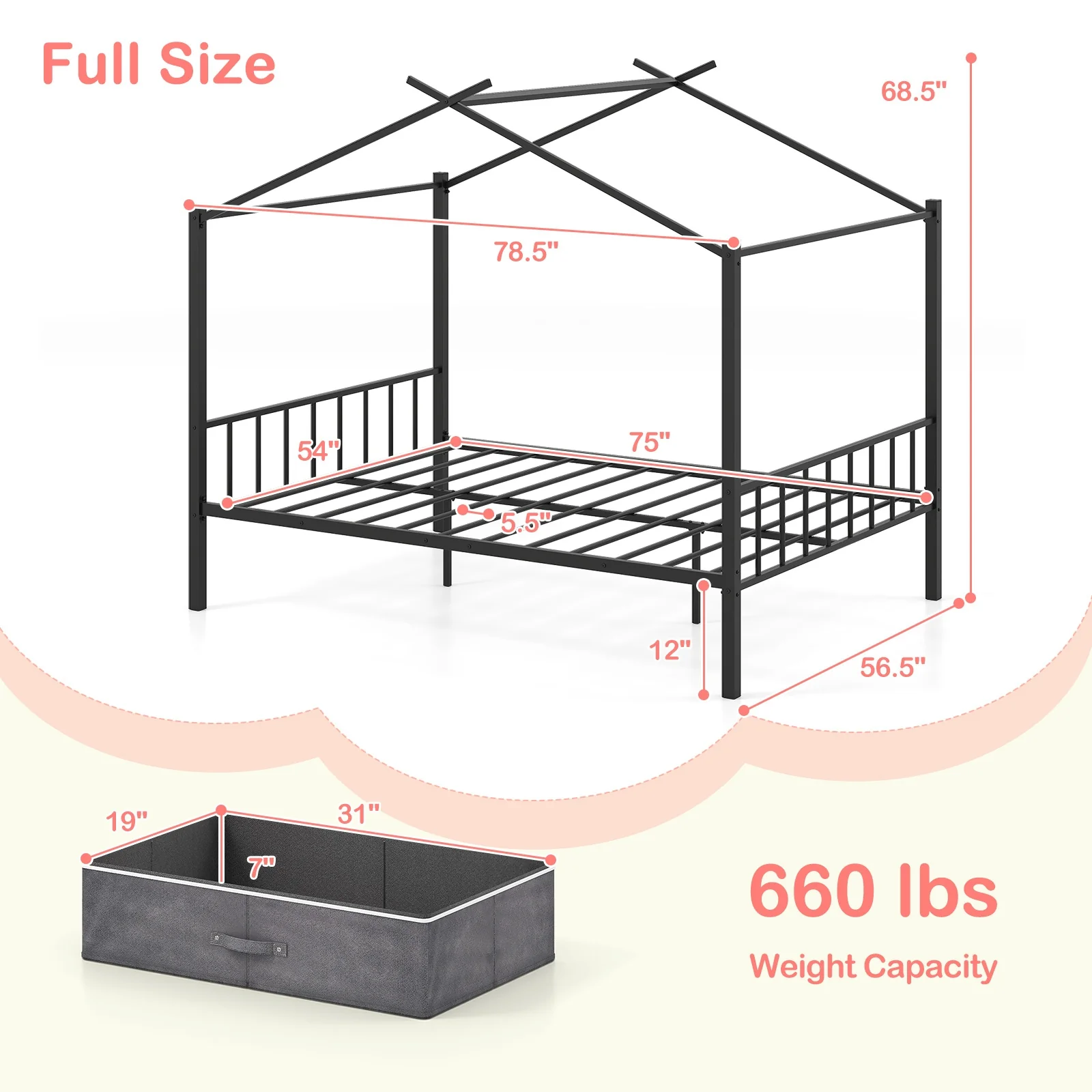 Full Size Metal House Bed With 2 Fabric Drawers, Black - Image 4