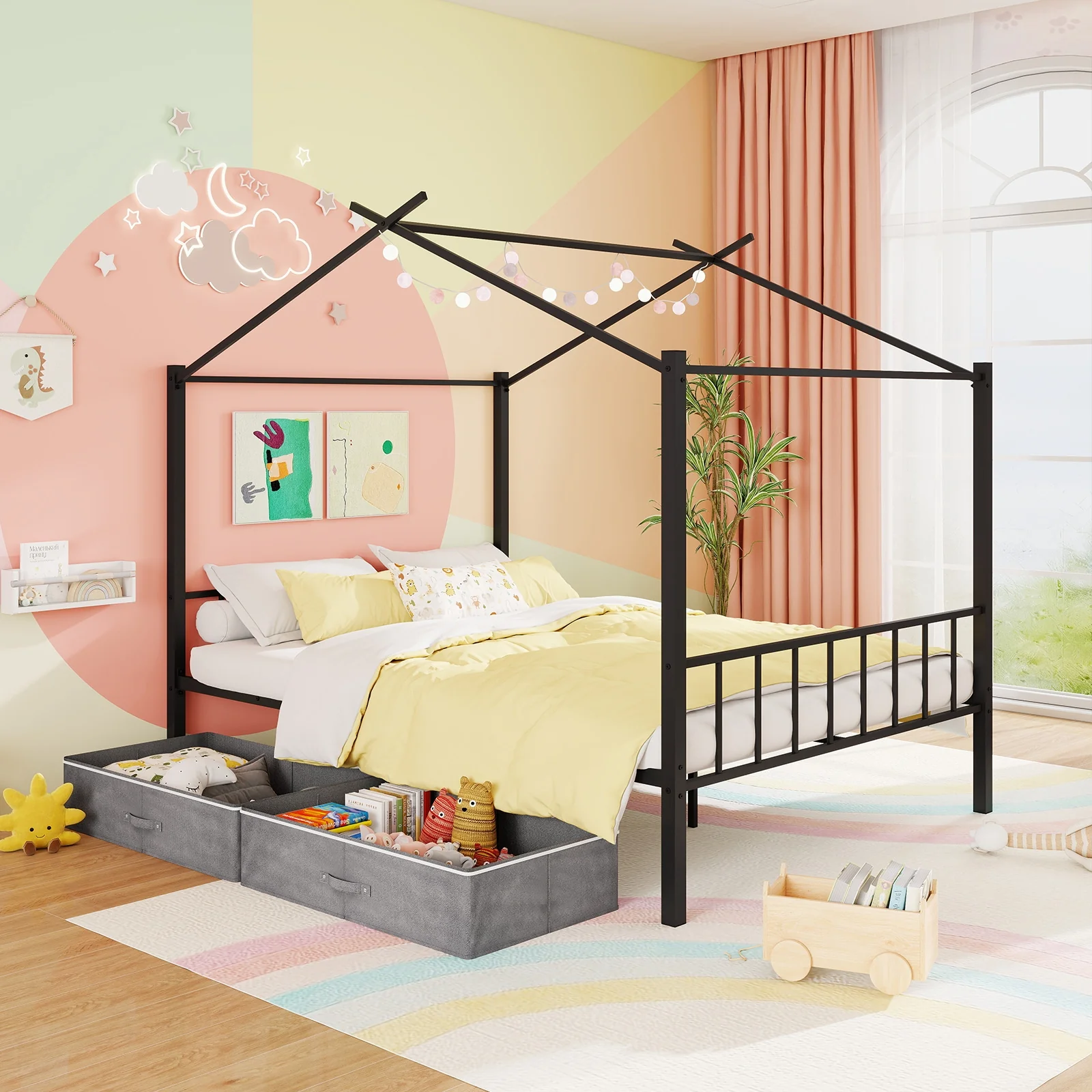Full Size Metal House Bed With 2 Fabric Drawers, Black - Image 5