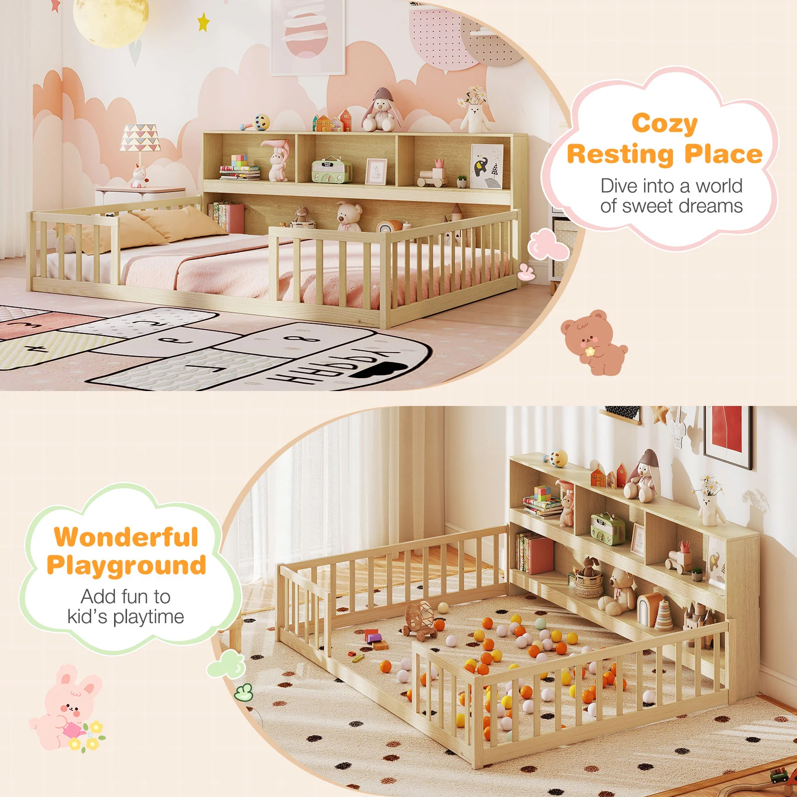Full Size Montessori Floor Bed With Bookcase, Natural - Image 10