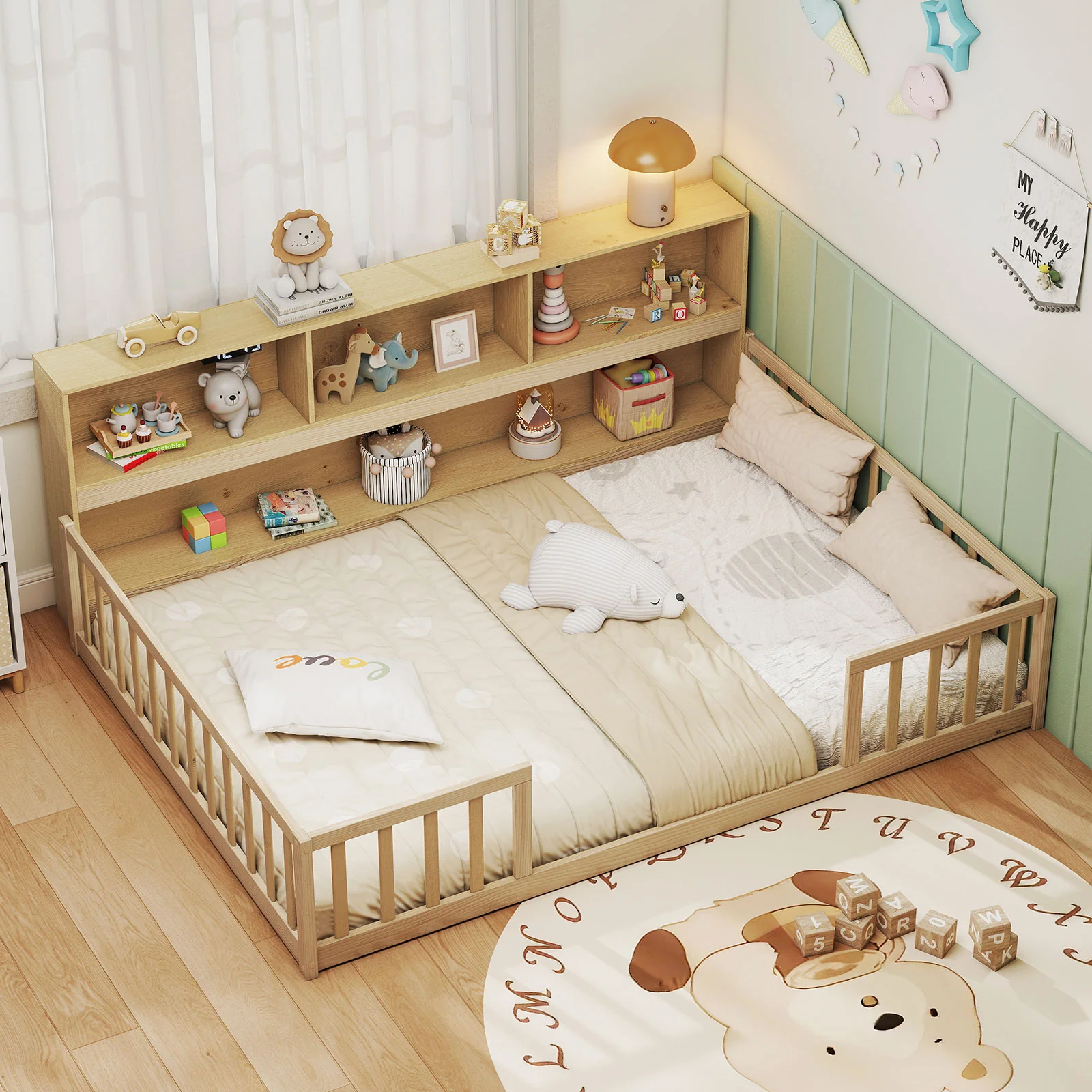 Full Size Montessori Floor Bed With Bookcase, Natural - Image 2