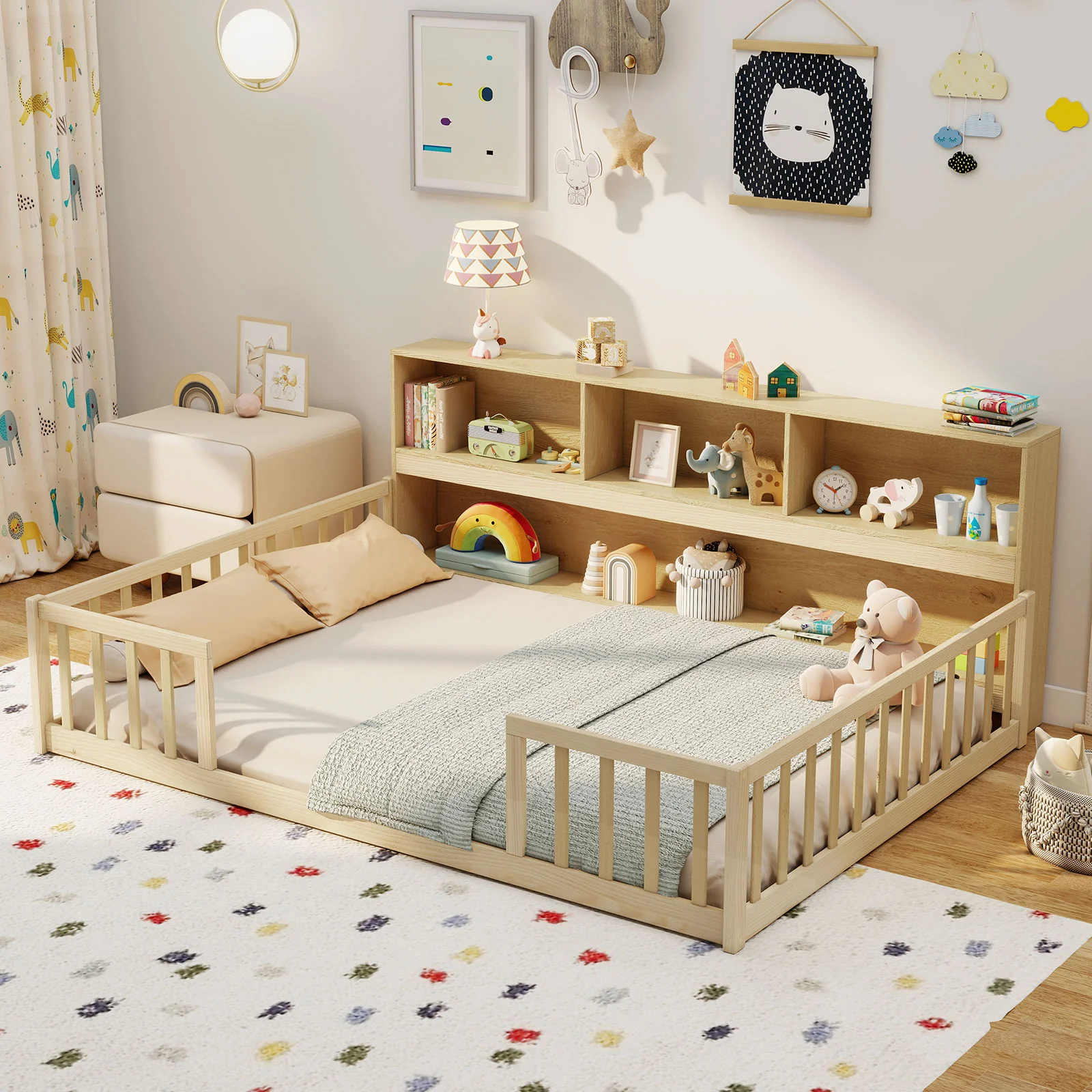 Full Size Montessori Floor Bed With Bookcase, Natural - Image 3