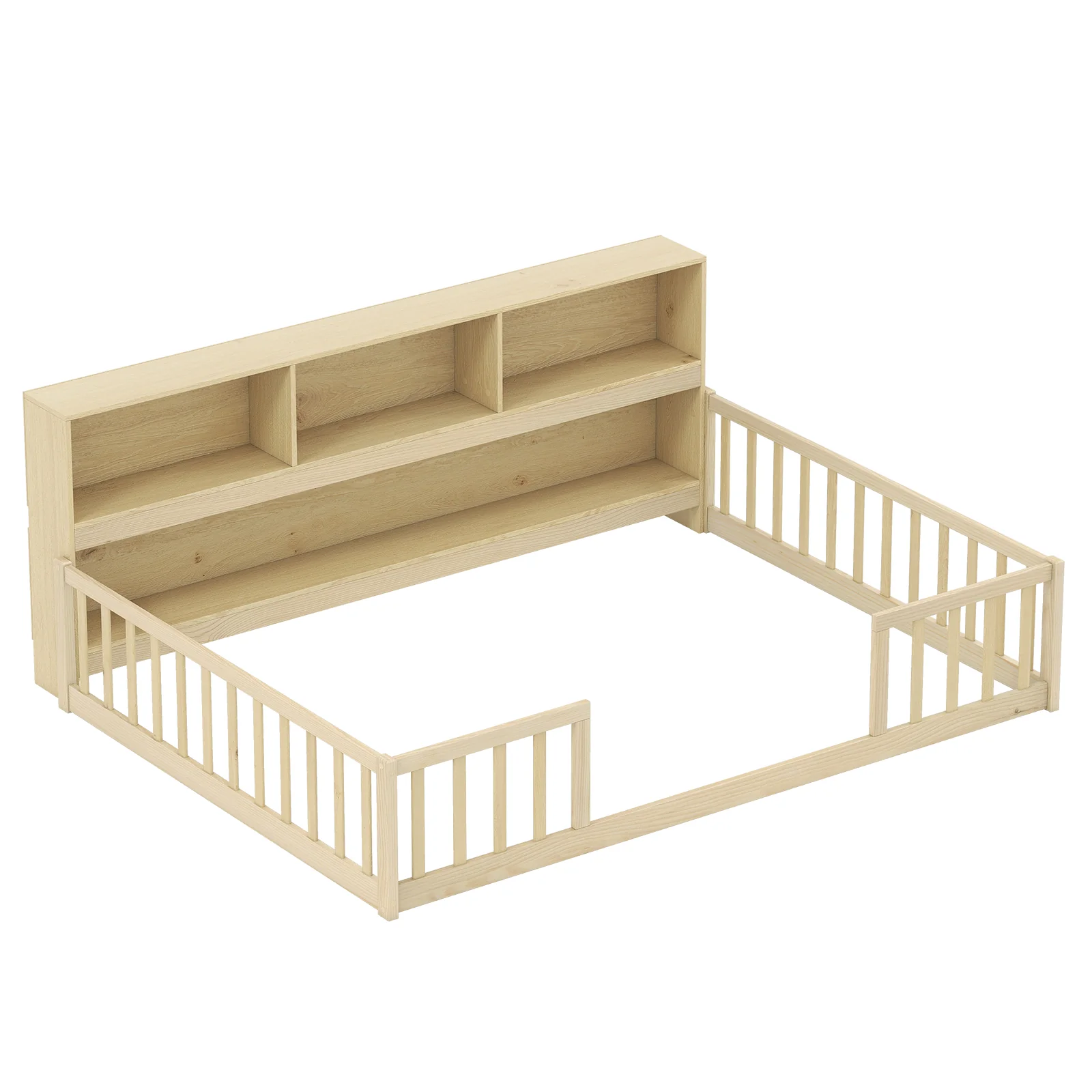 Full Size Montessori Floor Bed With Bookcase, Natural - Image 4
