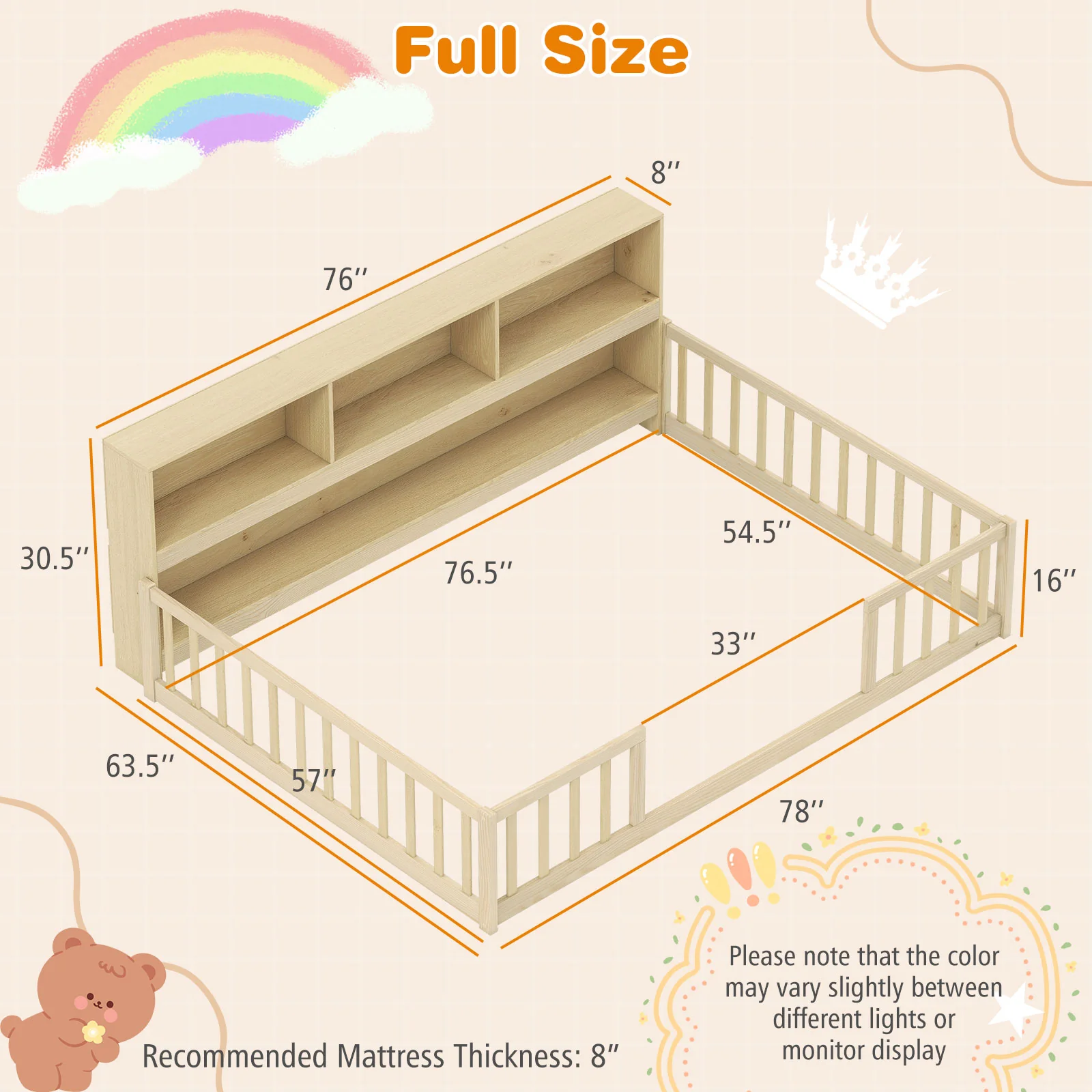 Full Size Montessori Floor Bed With Bookcase, Natural - Image 5