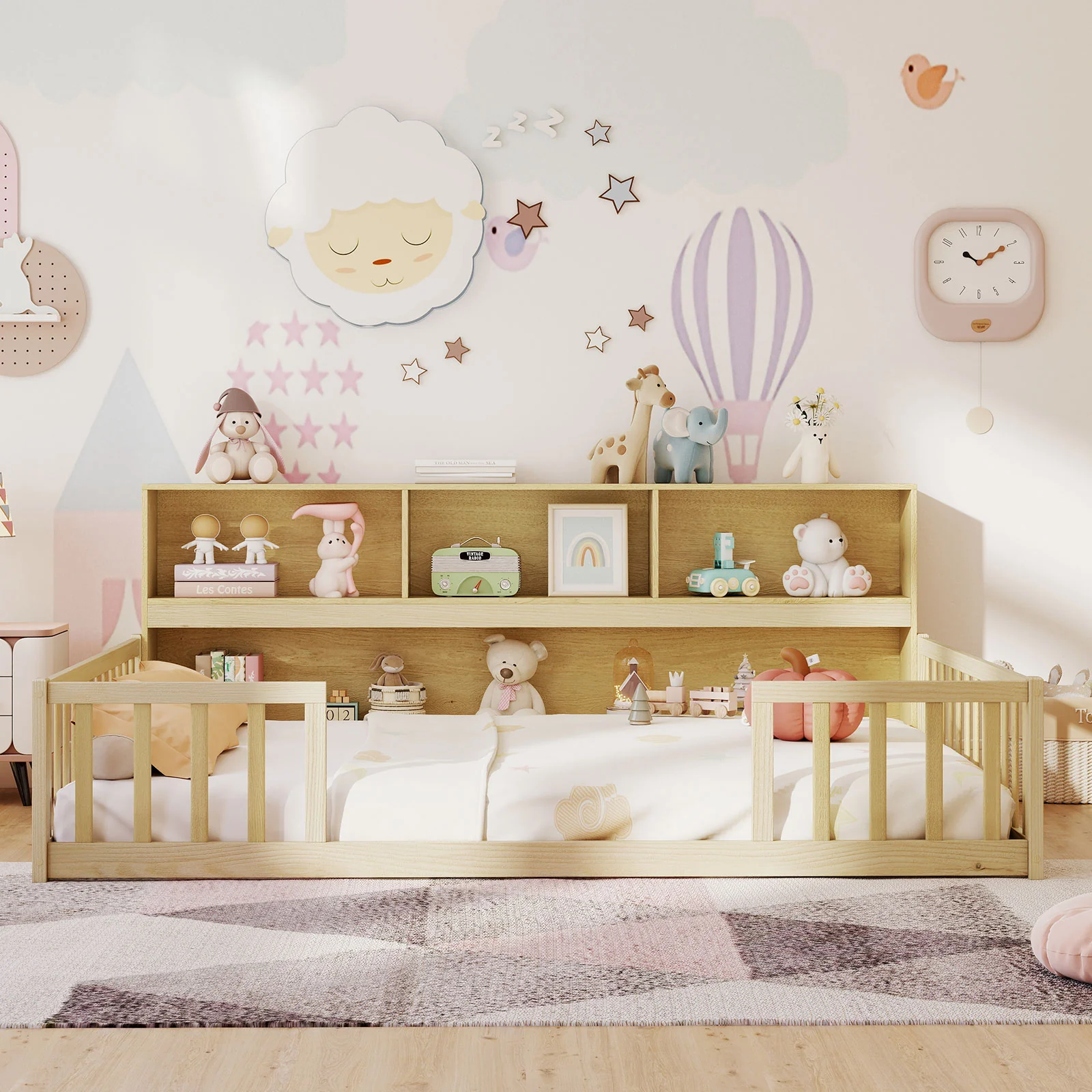 Full Size Montessori Floor Bed With Bookcase, Natural - Image 6