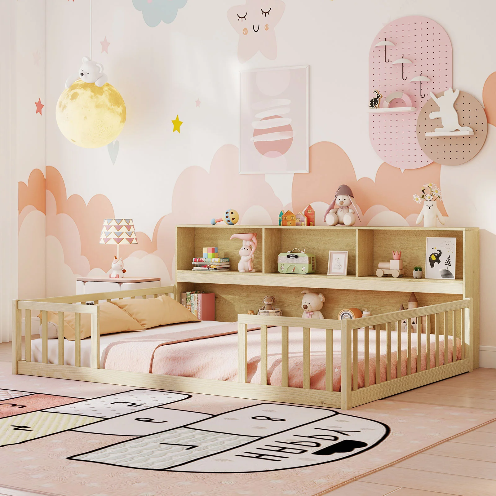 Full Size Montessori Floor Bed With Bookcase, Natural - Image 7