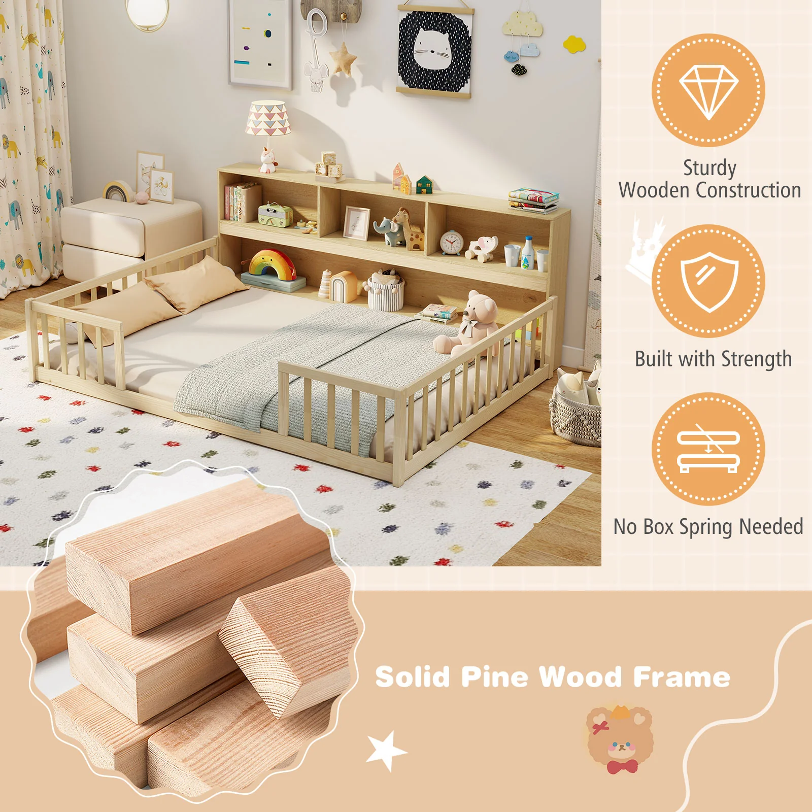 Full Size Montessori Floor Bed With Bookcase, Natural - Image 8