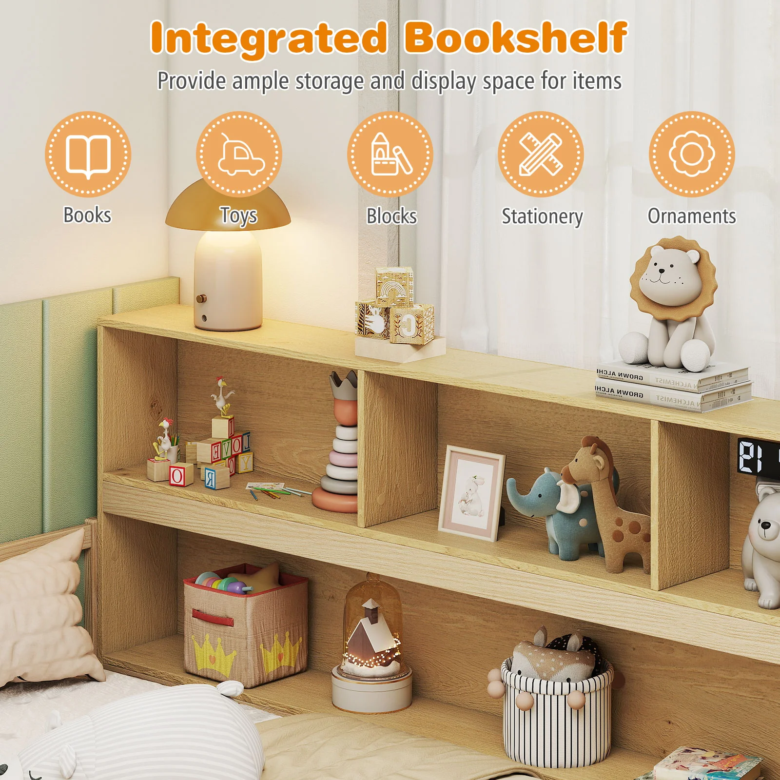 Full Size Montessori Floor Bed With Bookcase, Natural - Image 9