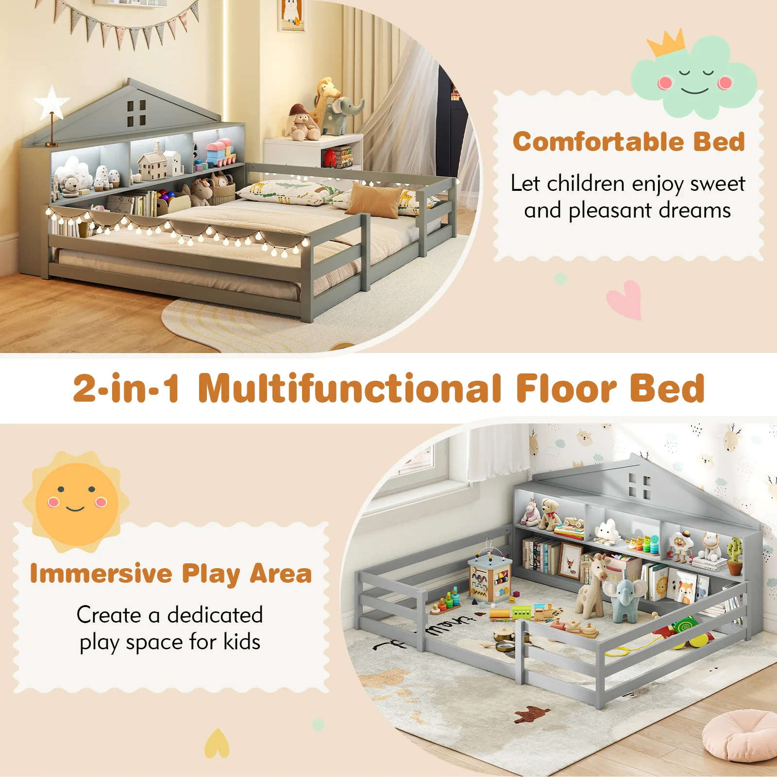 Full Size Montessori Floor Bed with Storage Compartments and Shelf, Gray - Image 10