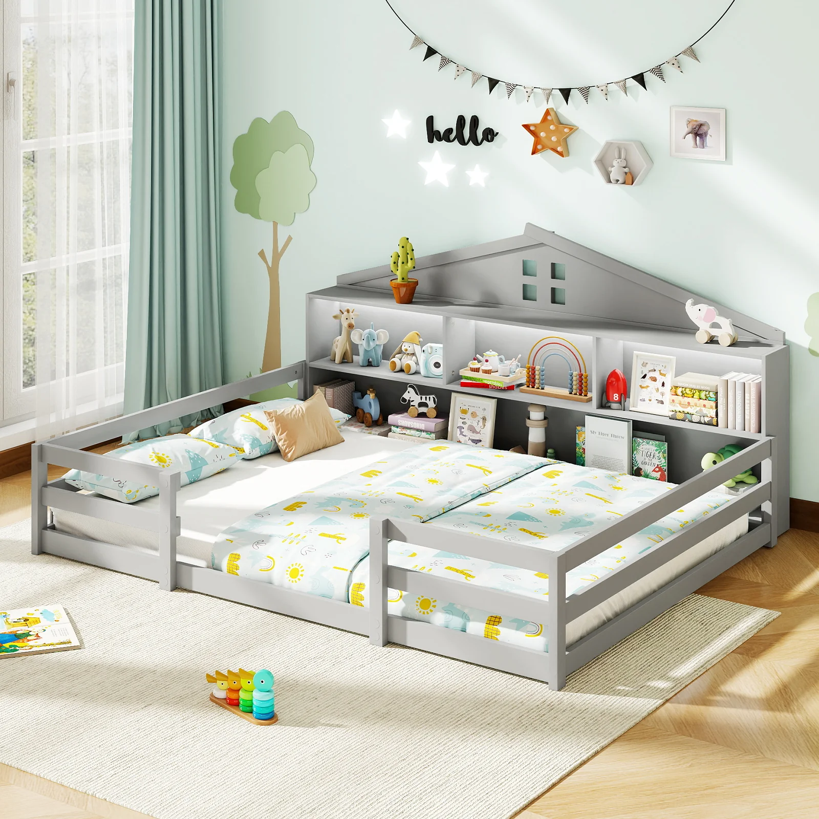 Full Size Montessori Floor Bed with Storage Compartments and Shelf, Gray - Image 2