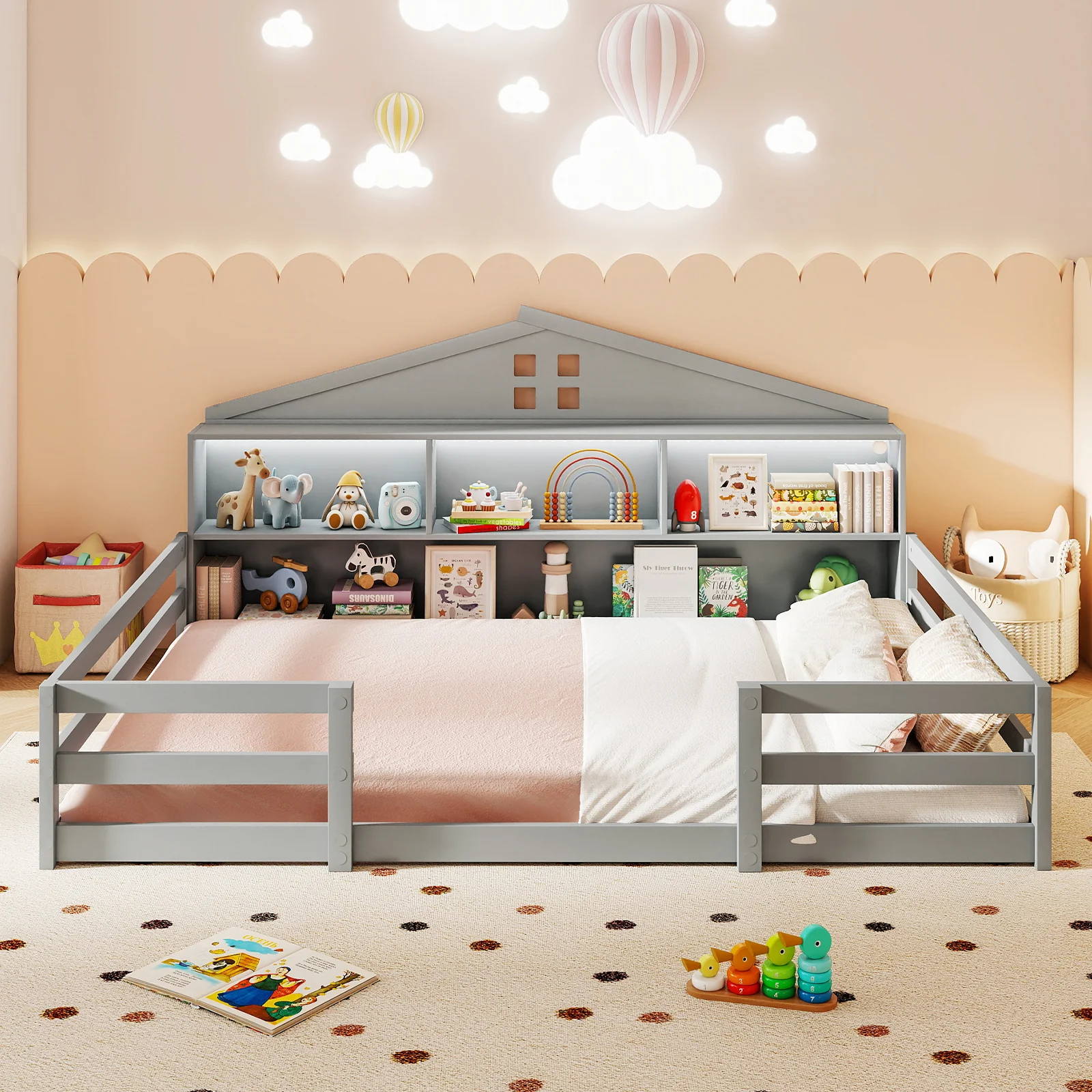 Full Size Montessori Floor Bed with Storage Compartments and Shelf, Gray - Image 3