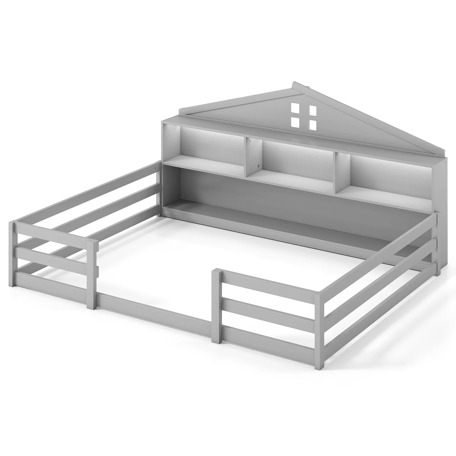 Full Size Montessori Floor Bed with Storage Compartments and Shelf, Gray - Image 4