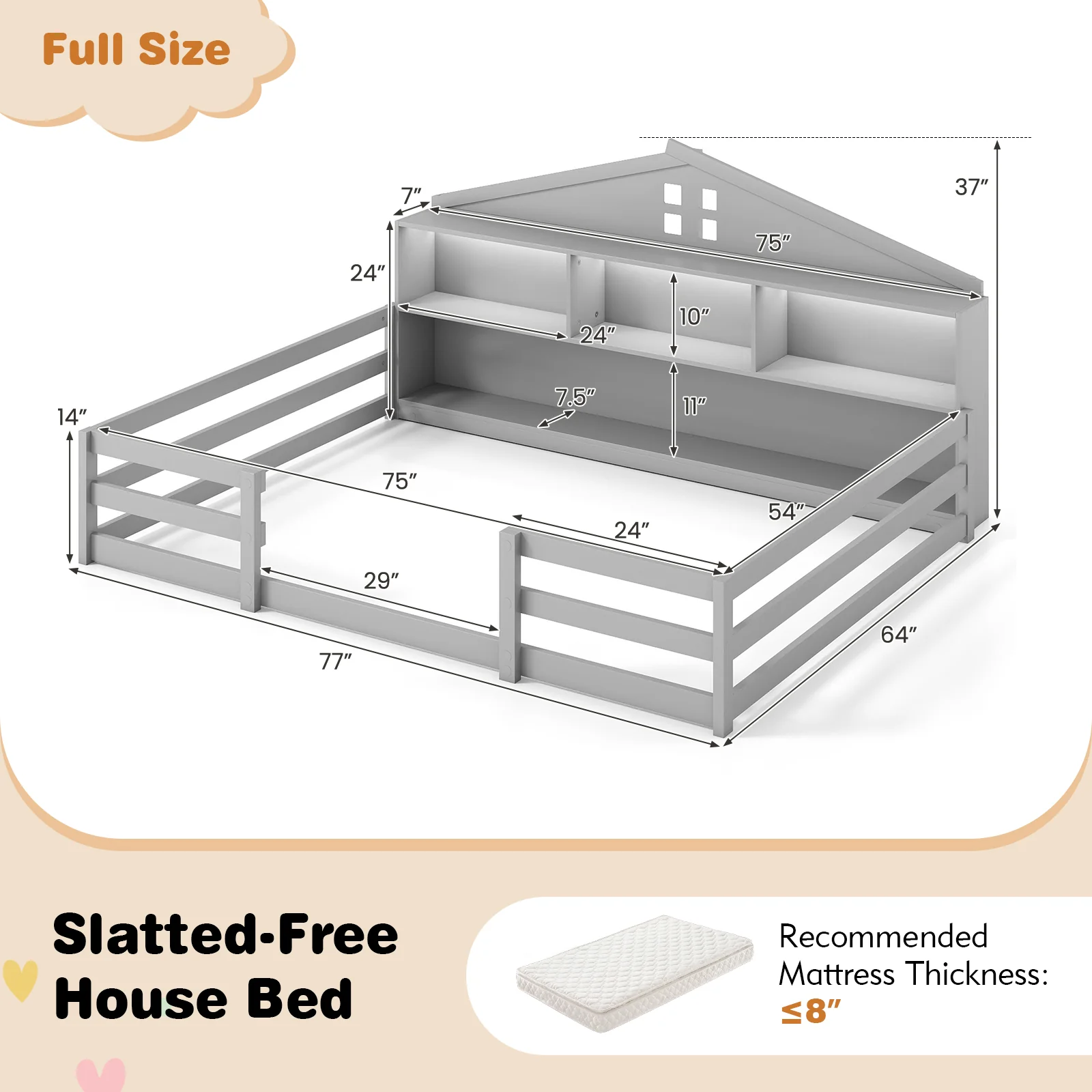 Full Size Montessori Floor Bed with Storage Compartments and Shelf, Gray - Image 5