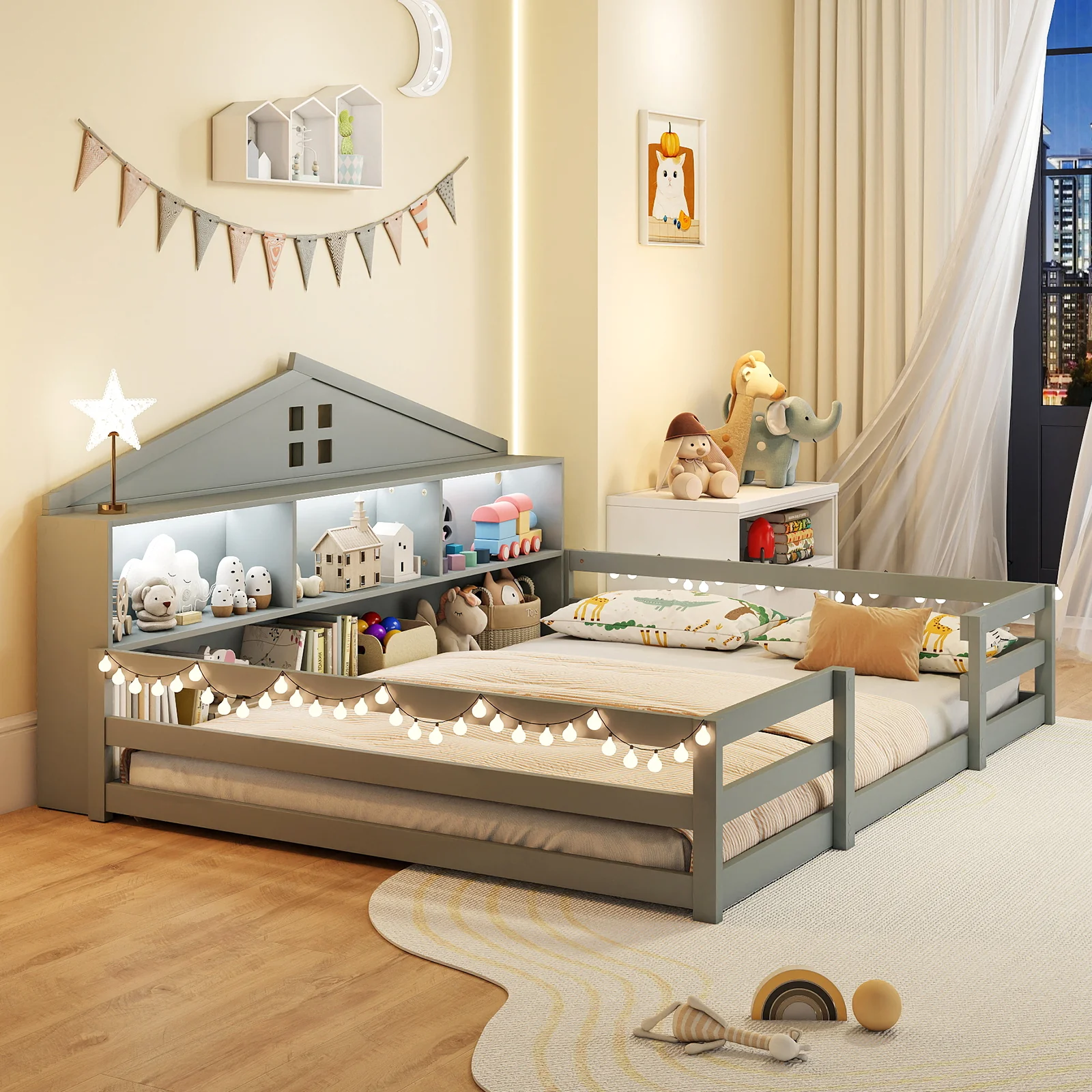 Full Size Montessori Floor Bed with Storage Compartments and Shelf, Gray - Image 6