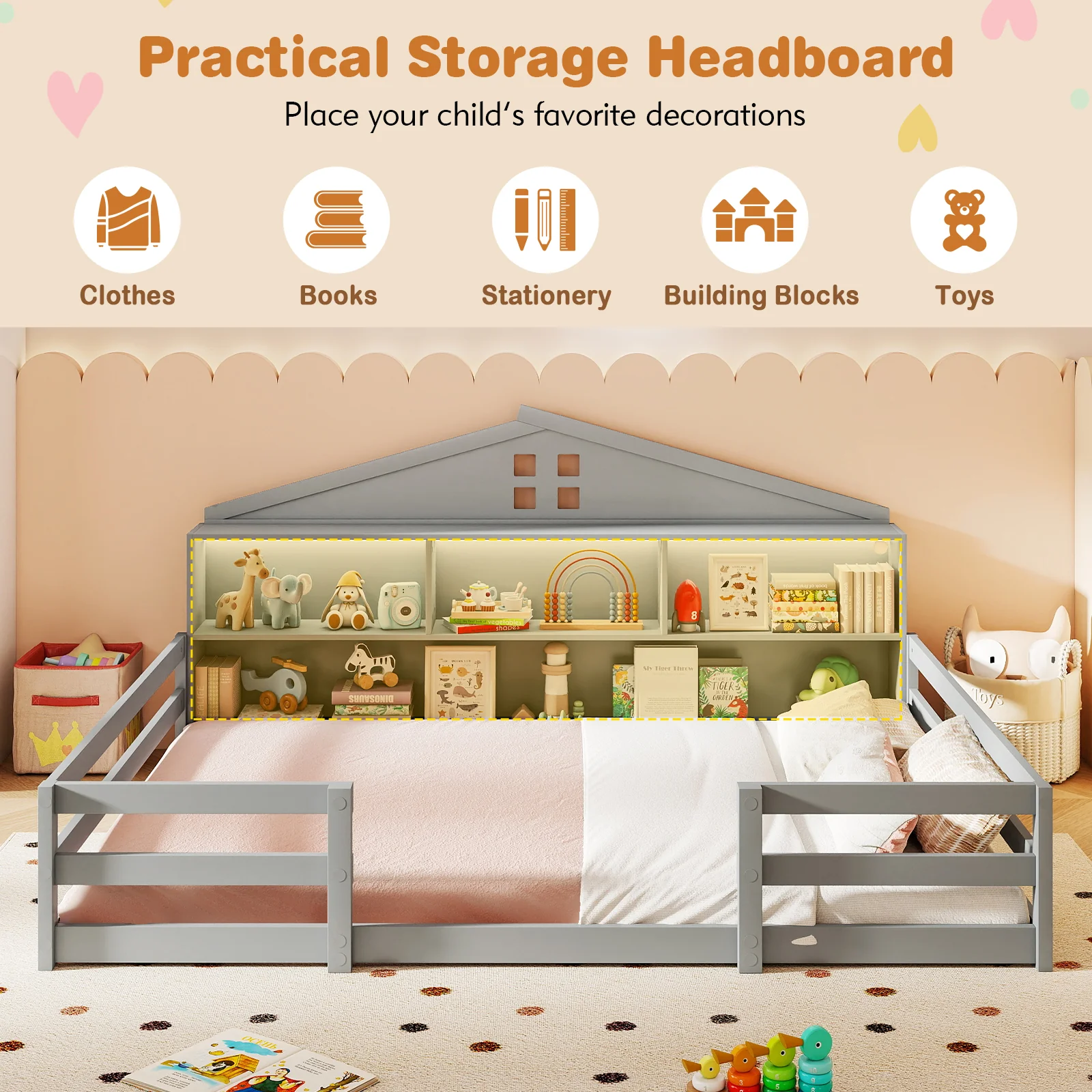 Full Size Montessori Floor Bed with Storage Compartments and Shelf, Gray - Image 7