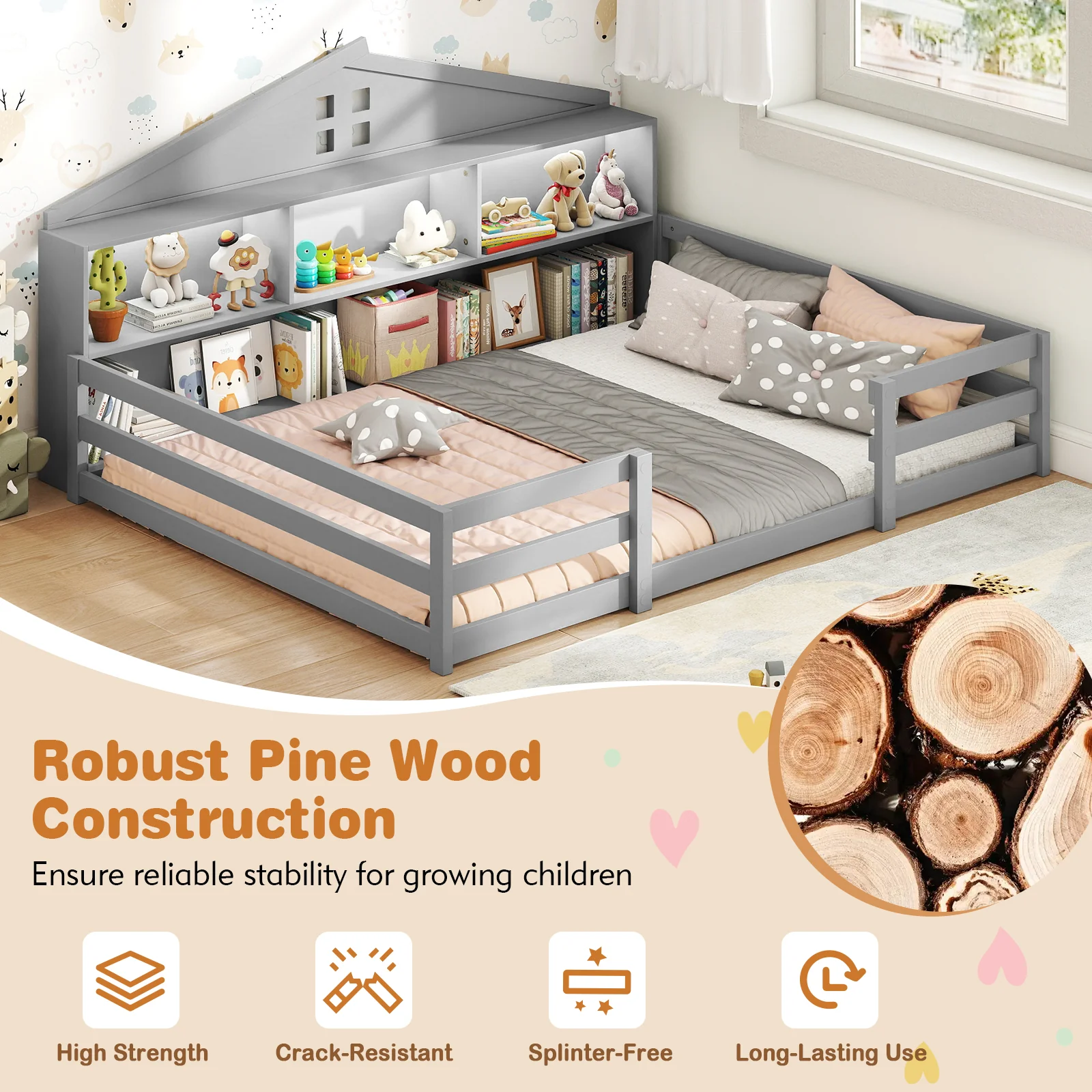 Full Size Montessori Floor Bed with Storage Compartments and Shelf, Gray - Image 9