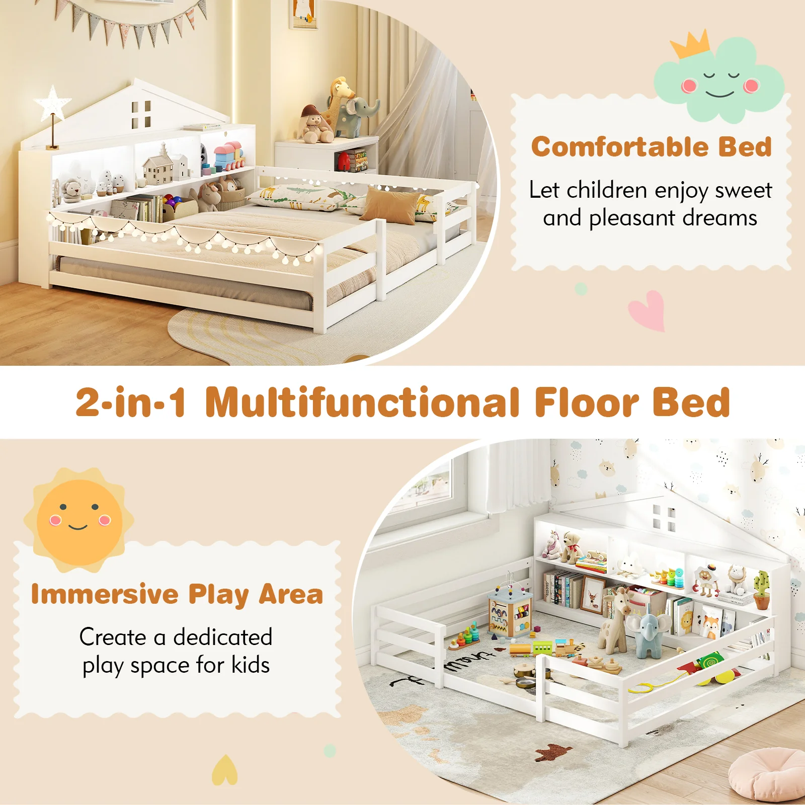 Full Size Montessori Floor Bed with Storage Compartments and Shelf, White - Image 10