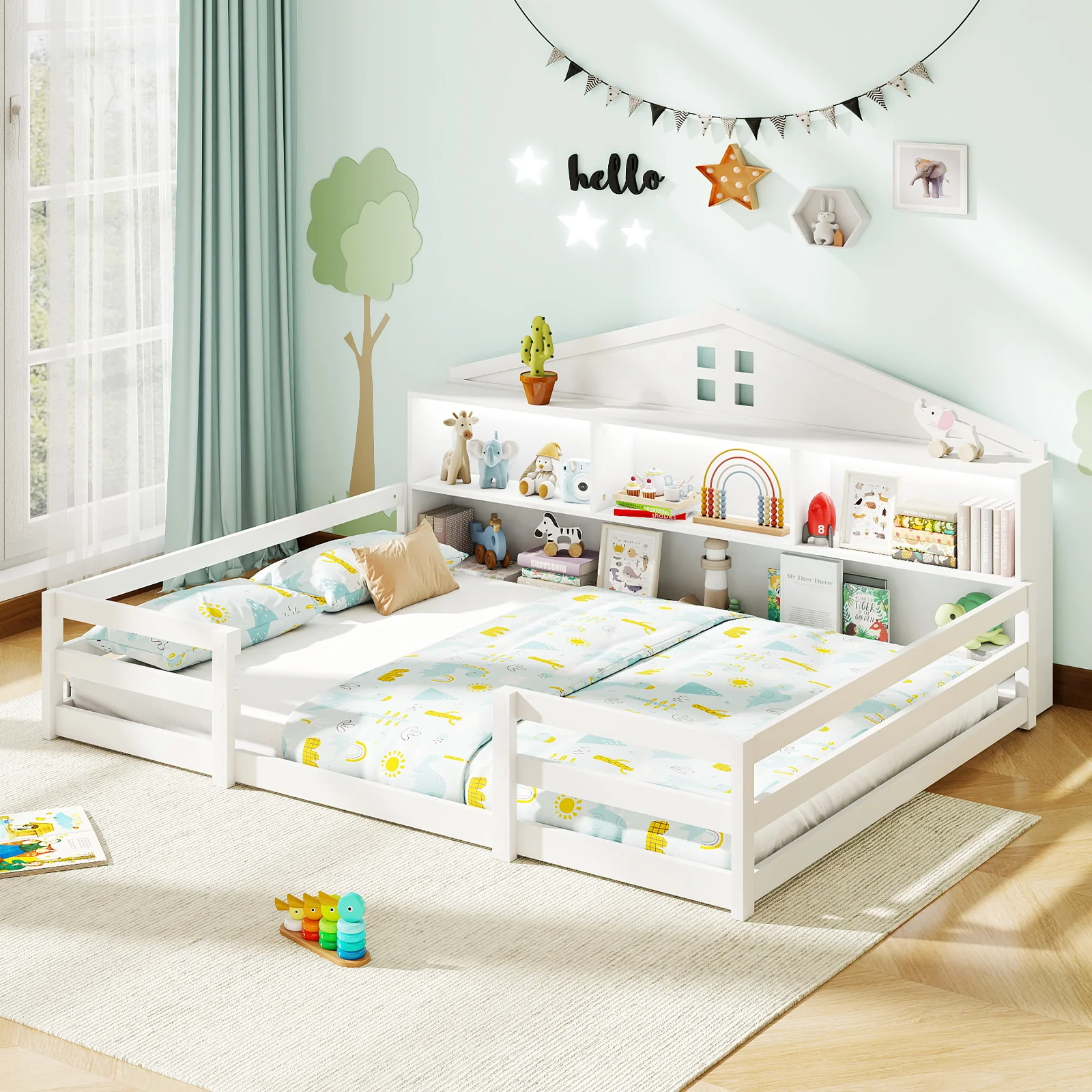 Full Size Montessori Floor Bed with Storage Compartments and Shelf, White - Image 2