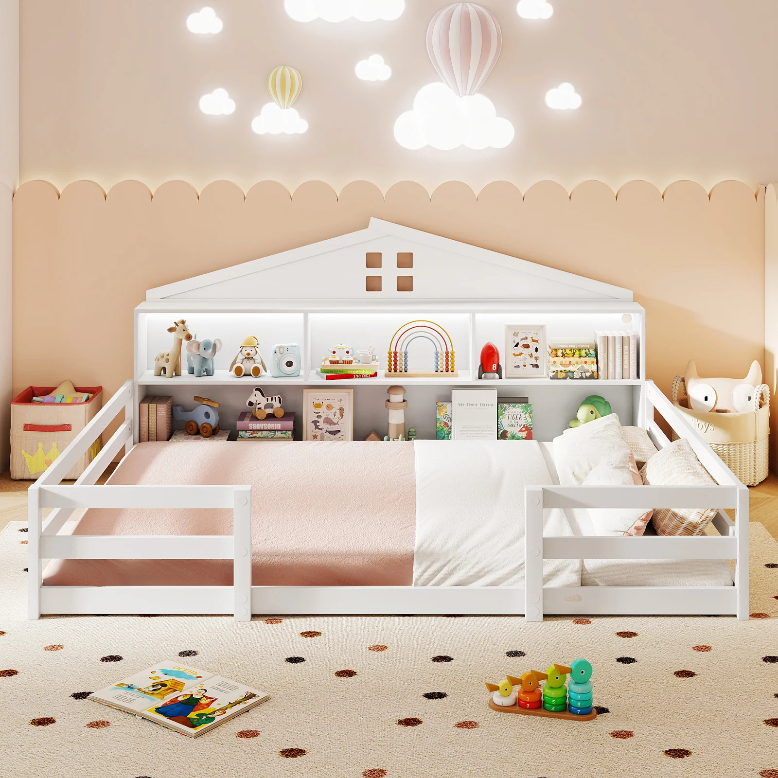 Full Size Montessori Floor Bed with Storage Compartments and Shelf, White - Image 3