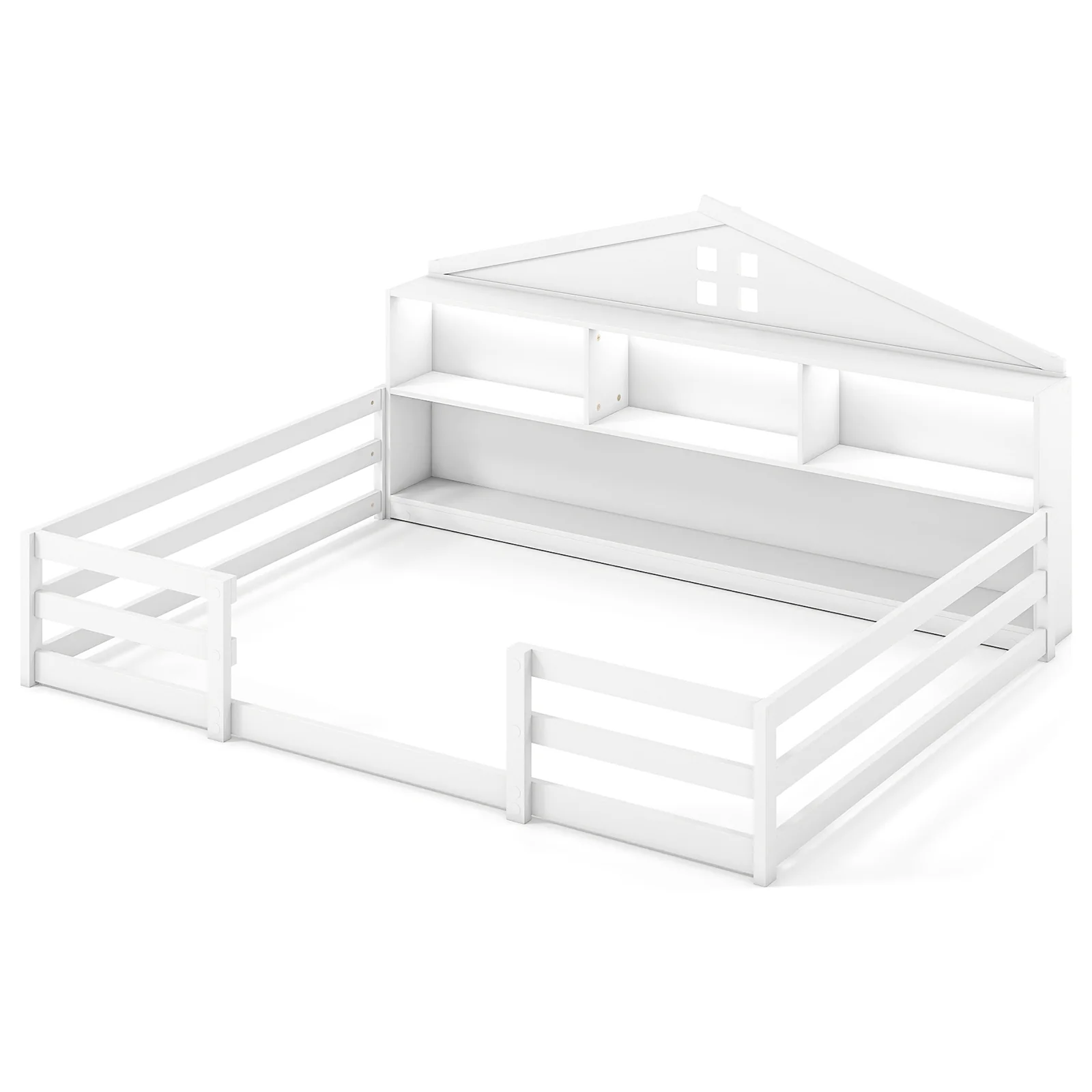 Full Size Montessori Floor Bed with Storage Compartments and Shelf, White - Image 4