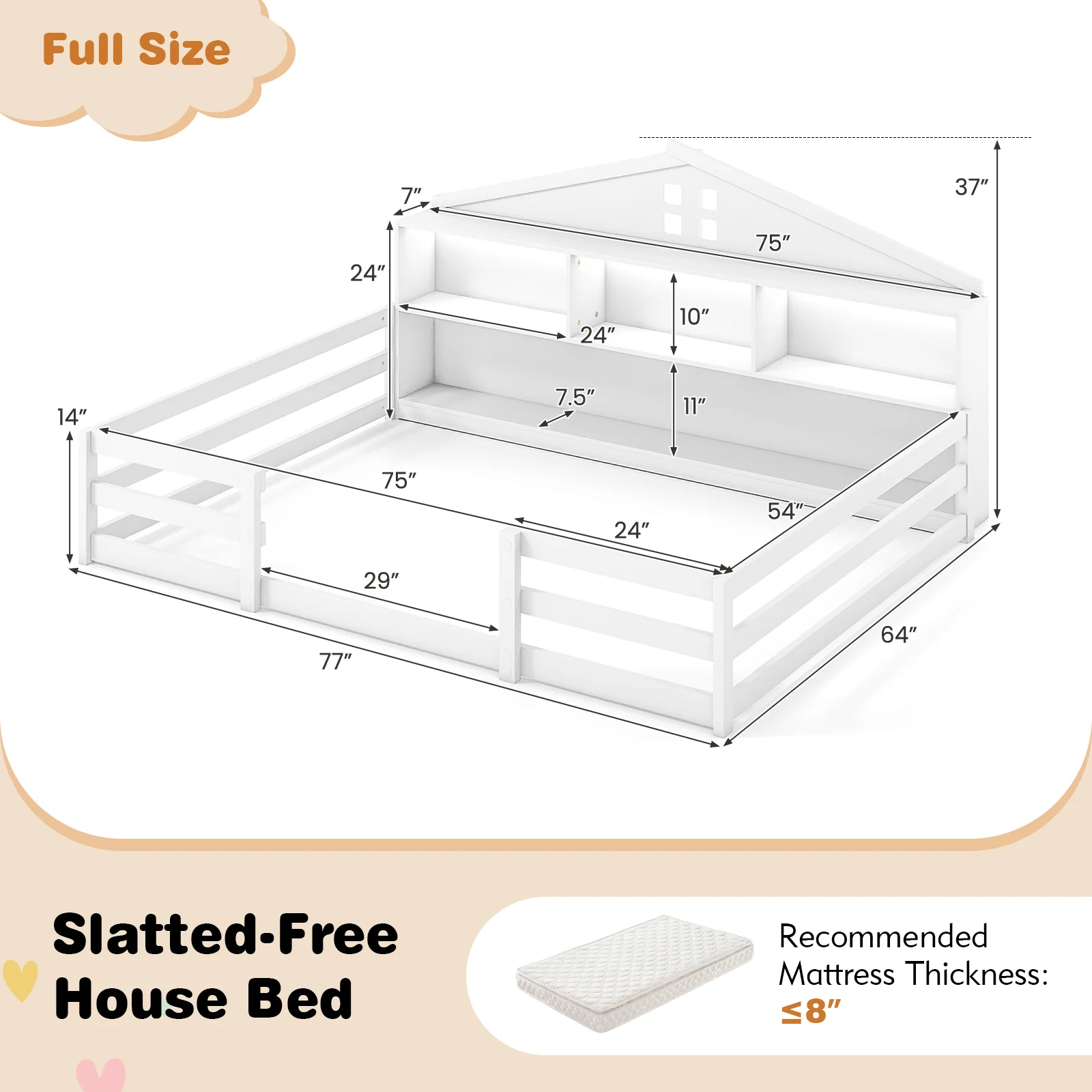 Full Size Montessori Floor Bed with Storage Compartments and Shelf, White - Image 5