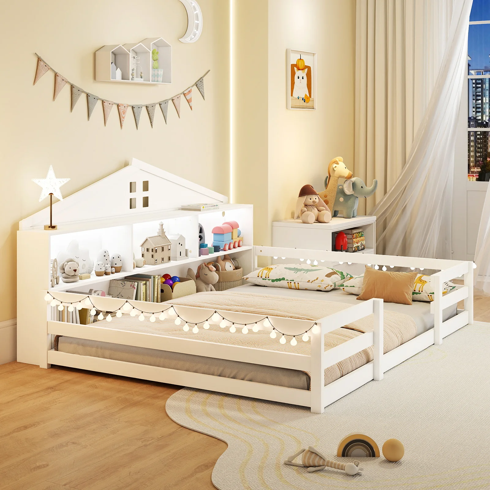 Full Size Montessori Floor Bed with Storage Compartments and Shelf, White - Image 6