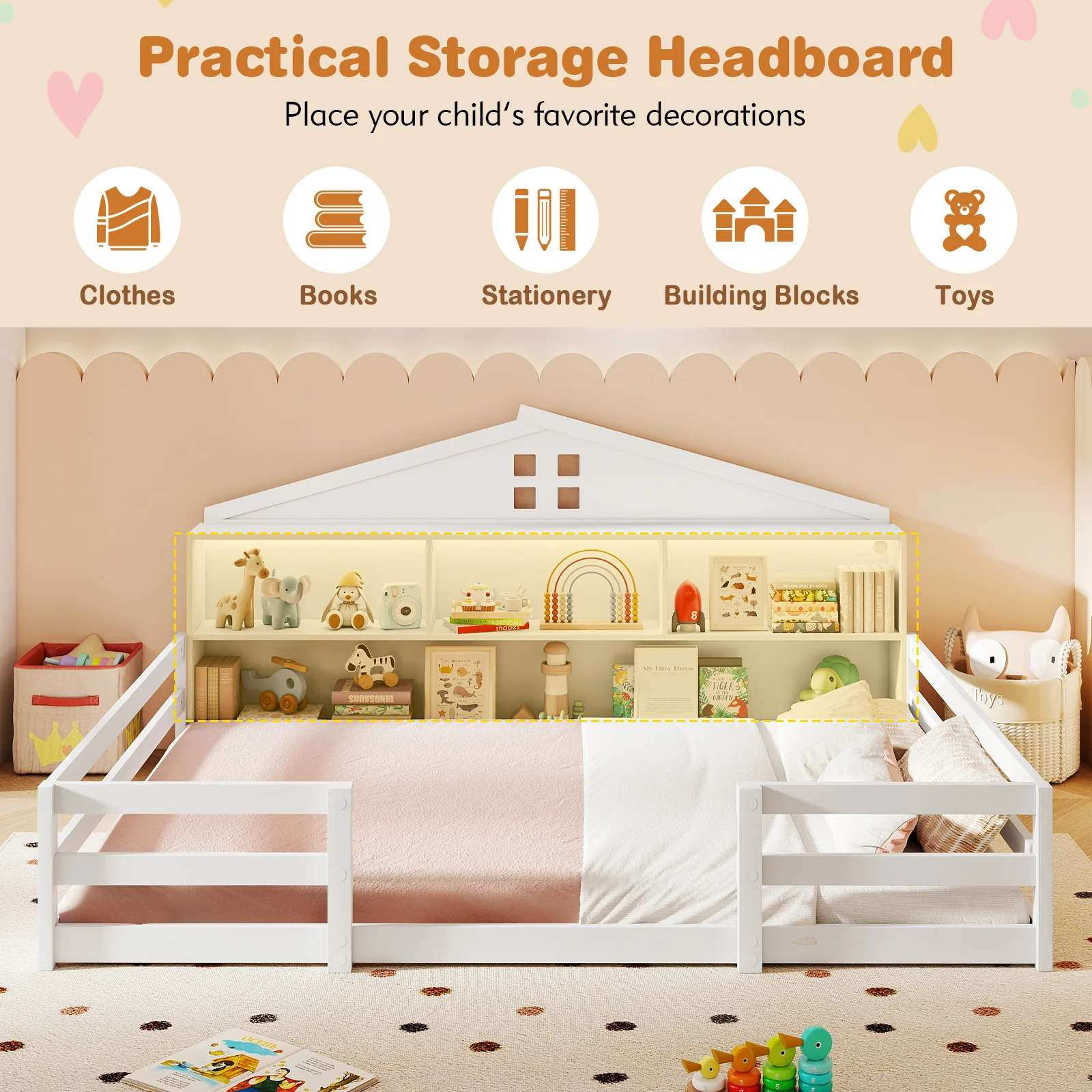 Full Size Montessori Floor Bed with Storage Compartments and Shelf, White - Image 7
