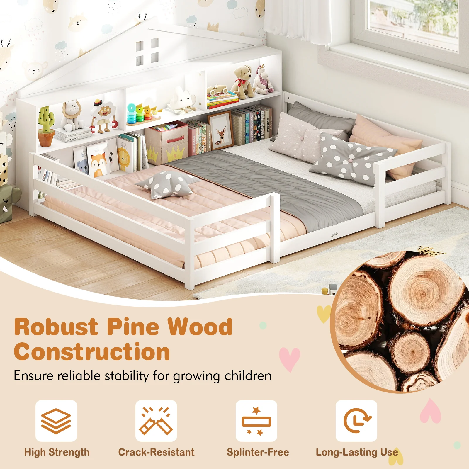 Full Size Montessori Floor Bed with Storage Compartments and Shelf, White - Image 9