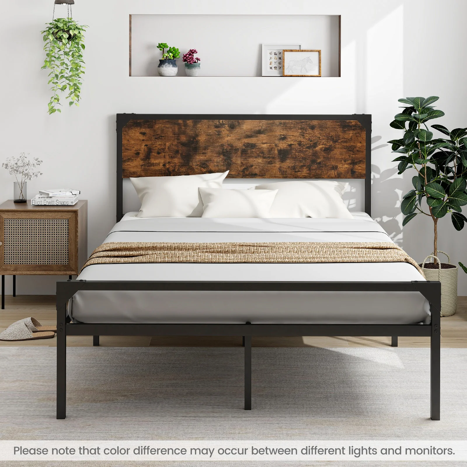 Full Size Platform Bed With Rustic Headboard, Footboard, Black - Image 6