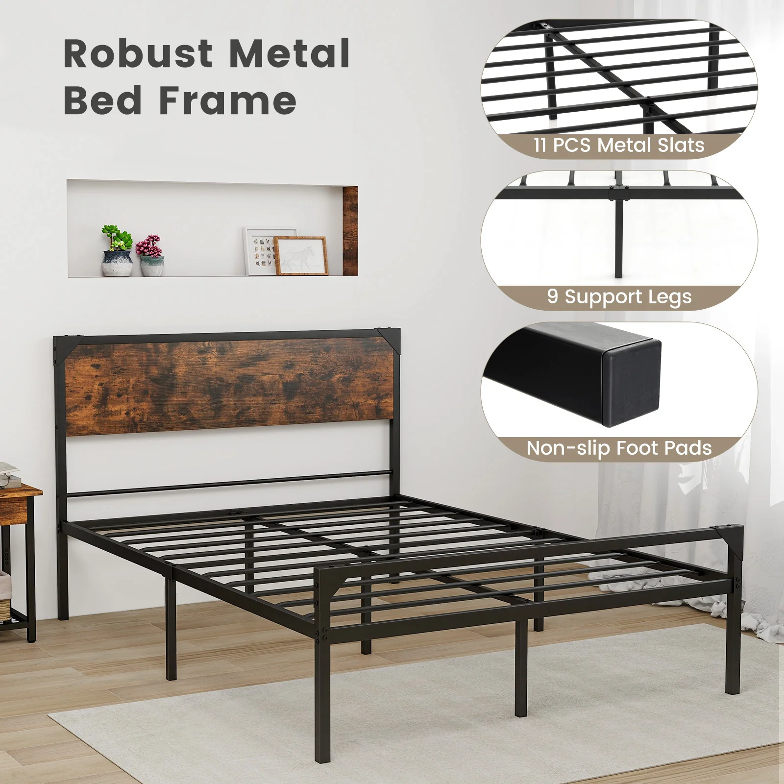 Full Size Platform Bed With Rustic Headboard, Footboard, Black - Image 8