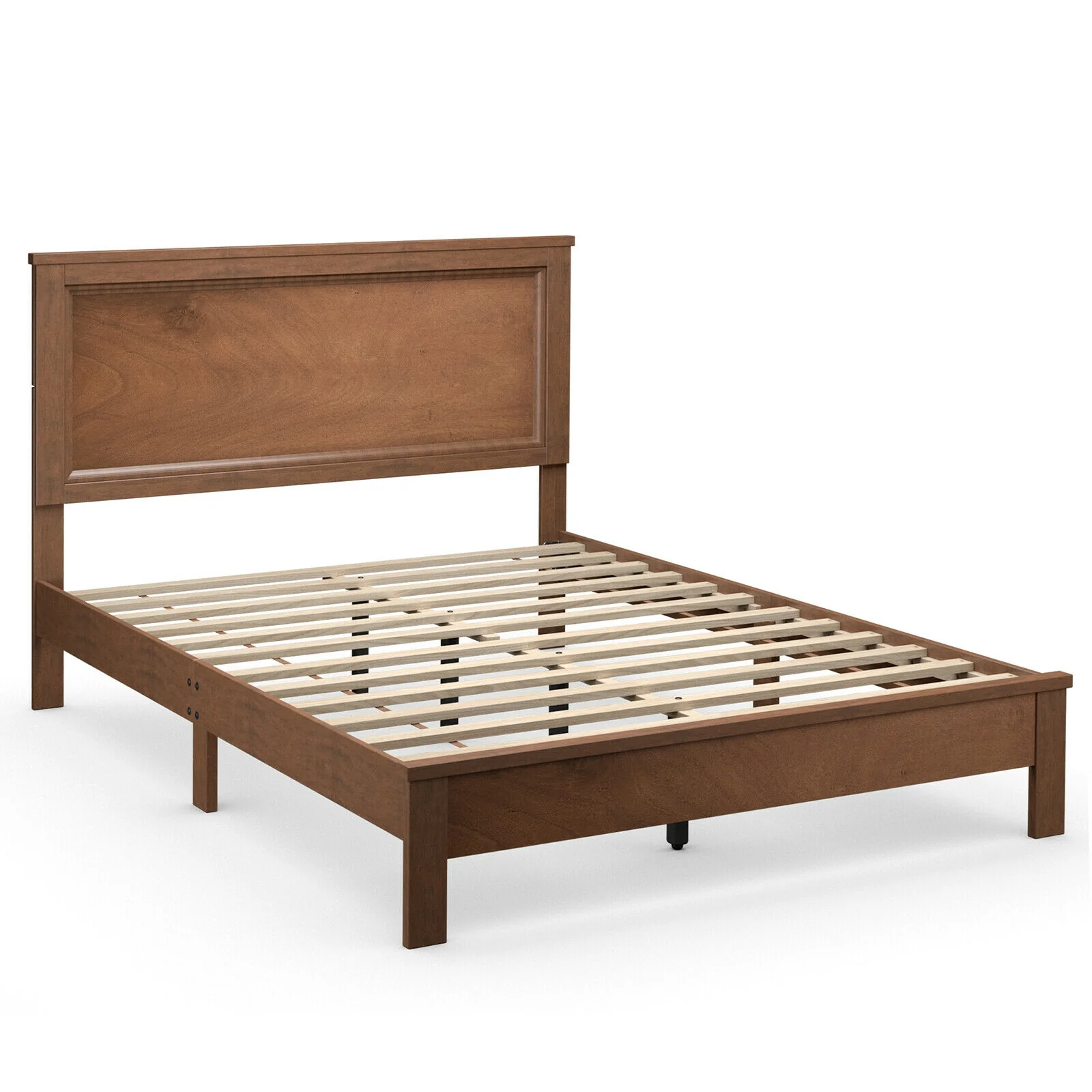Full Size Platform Slat Bed Frame, High Headboard, Walnut