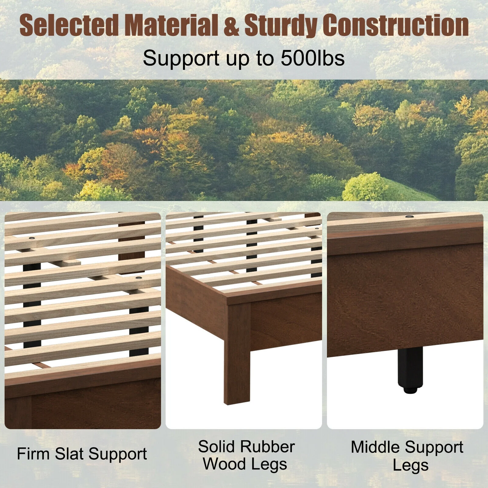 Full Size Platform Slat Bed Frame, High Headboard, Walnut - Image 10