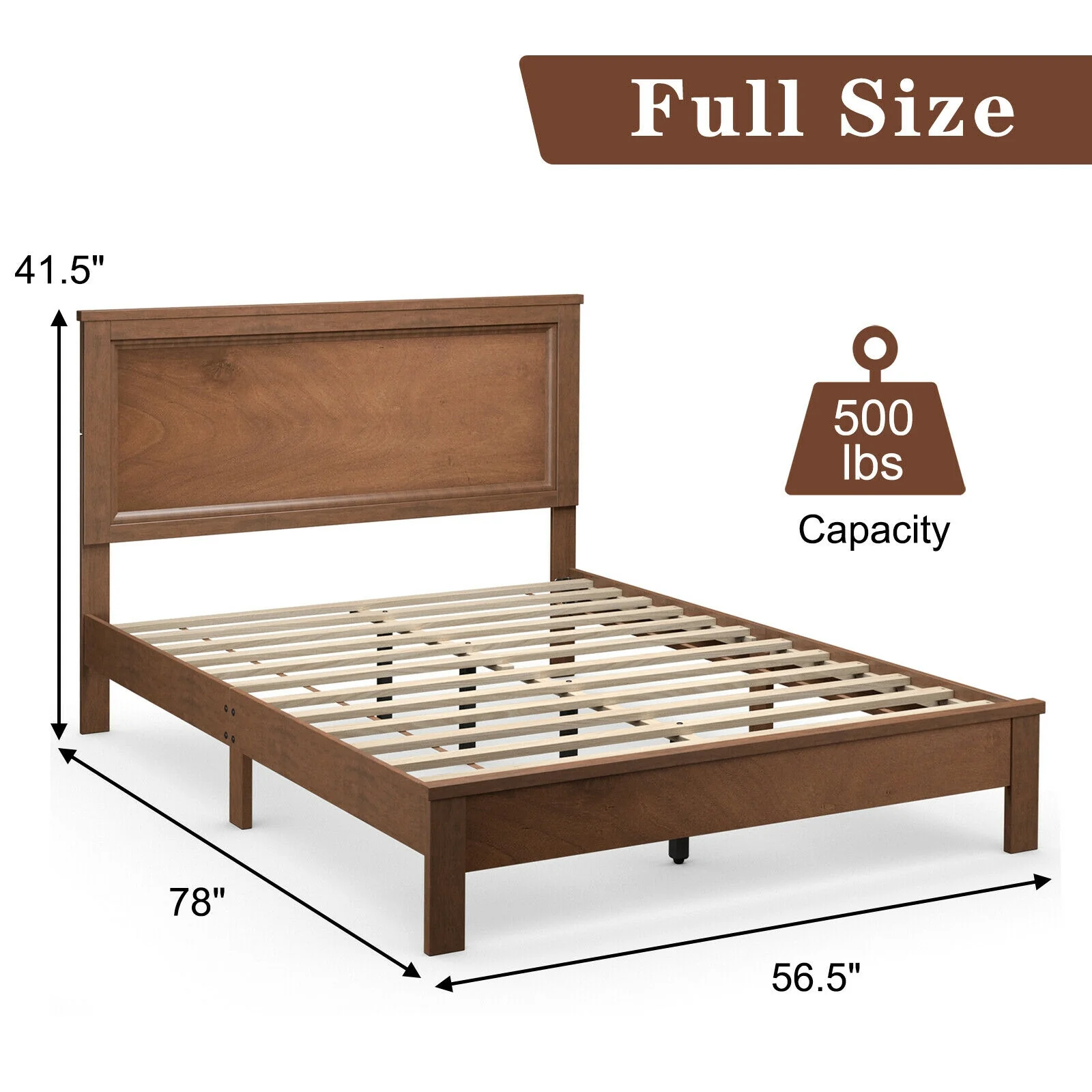 Full Size Platform Slat Bed Frame, High Headboard, Walnut - Image 5