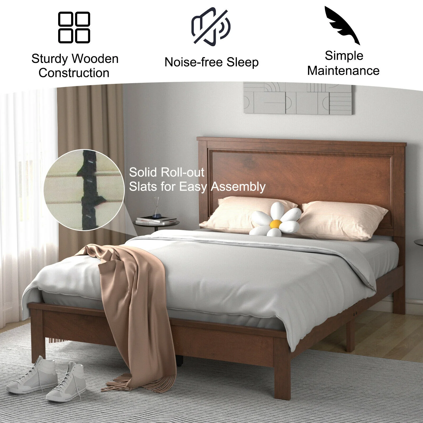 Full Size Platform Slat Bed Frame, High Headboard, Walnut - Image 6