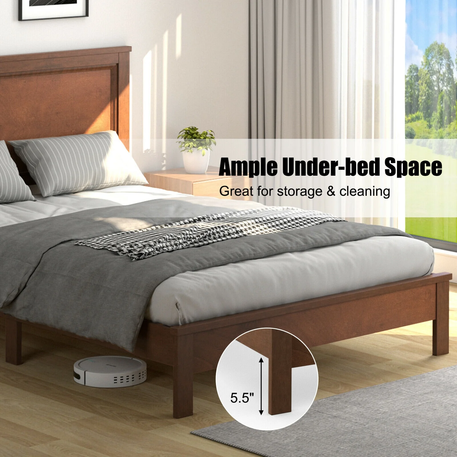 Full Size Platform Slat Bed Frame, High Headboard, Walnut - Image 7