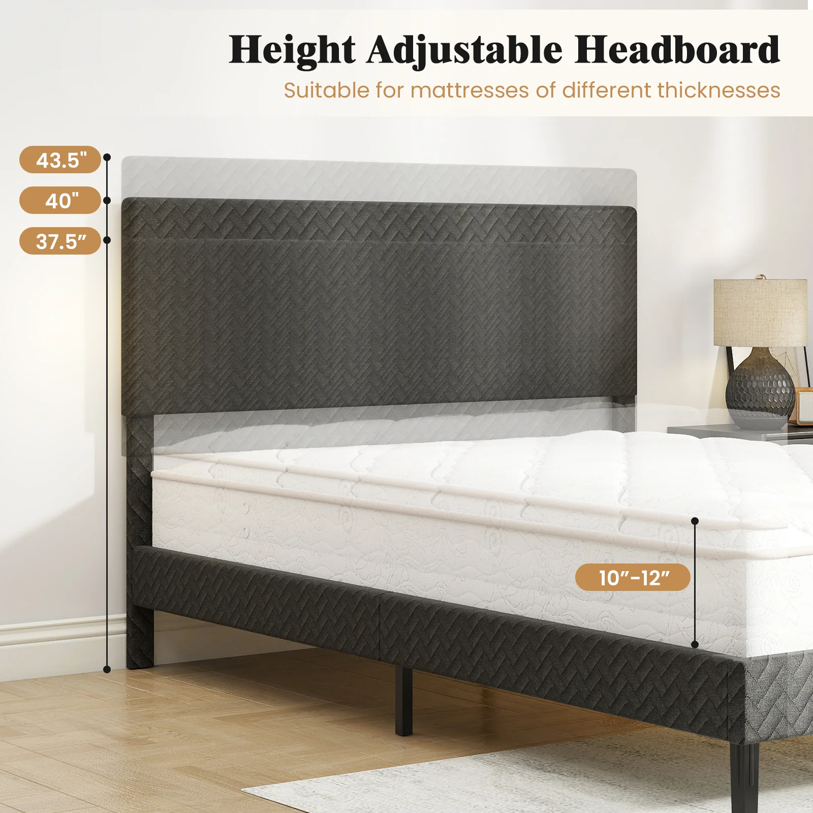 Full Size Velvet Bed Frame Upholstered Platform Bed with Chevron Headboard Gray - Image 10