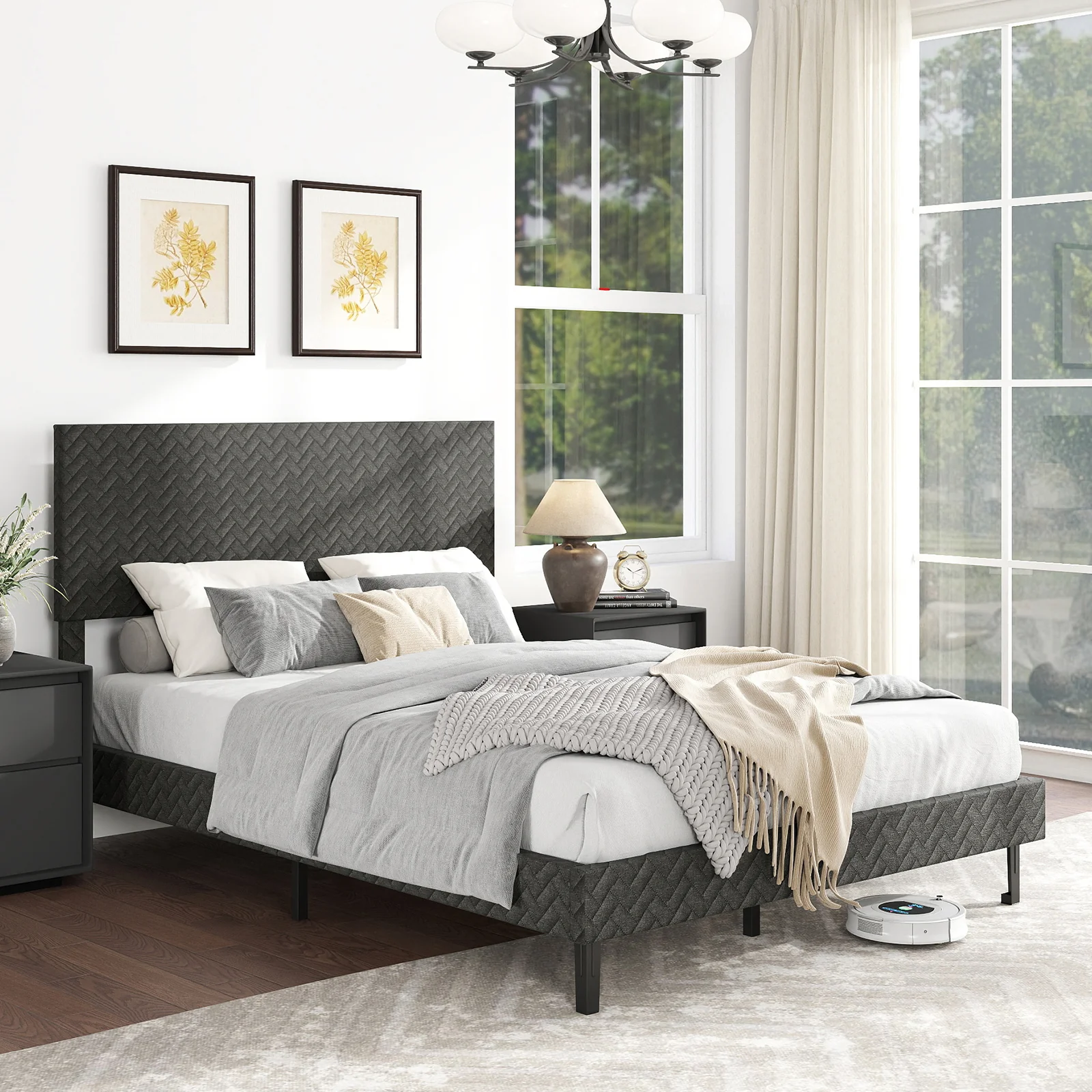 Full Size Velvet Bed Frame Upholstered Platform Bed with Chevron Headboard Gray - Image 2