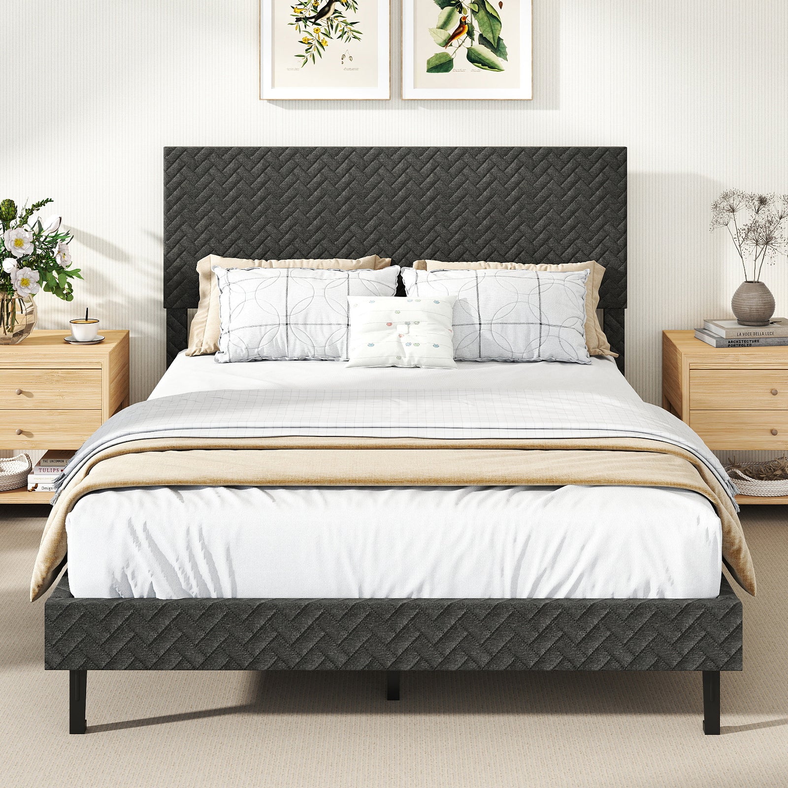 Full Size Velvet Bed Frame Upholstered Platform Bed with Chevron Headboard Gray - Image 3