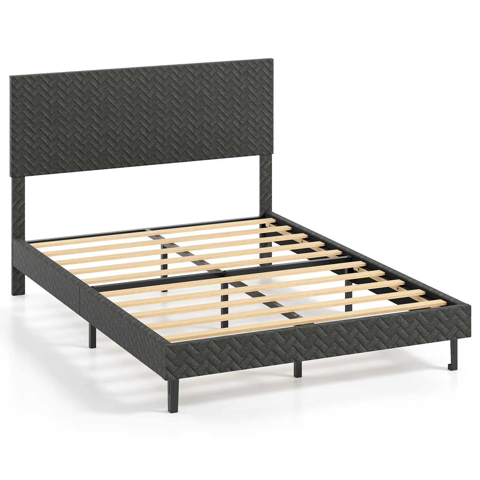 Full Size Velvet Bed Frame Upholstered Platform Bed with Chevron Headboard Gray - Image 4
