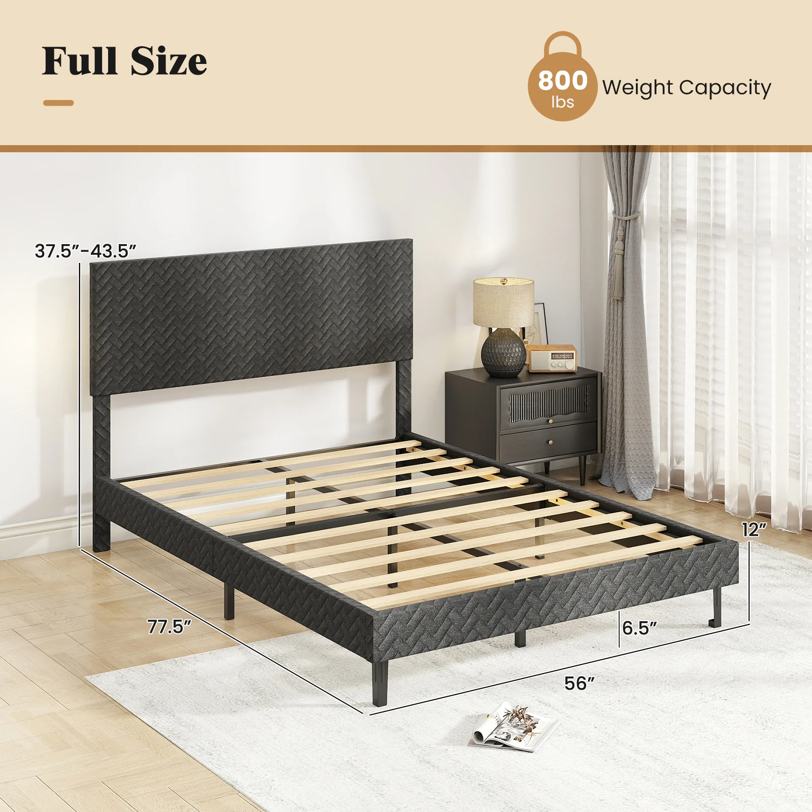 Full Size Velvet Bed Frame Upholstered Platform Bed with Chevron Headboard Gray - Image 5