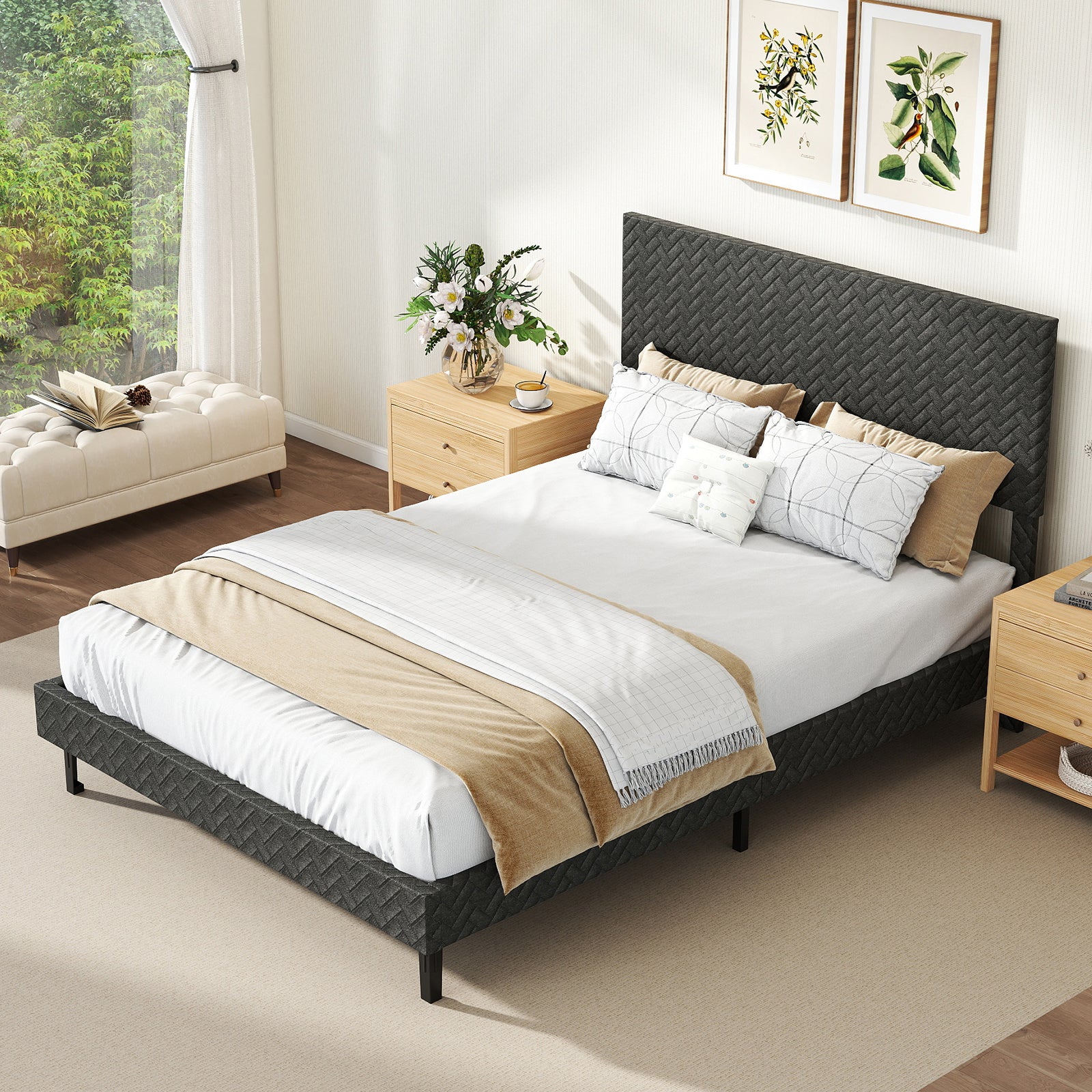 Full Size Velvet Bed Frame Upholstered Platform Bed with Chevron Headboard Gray - Image 6