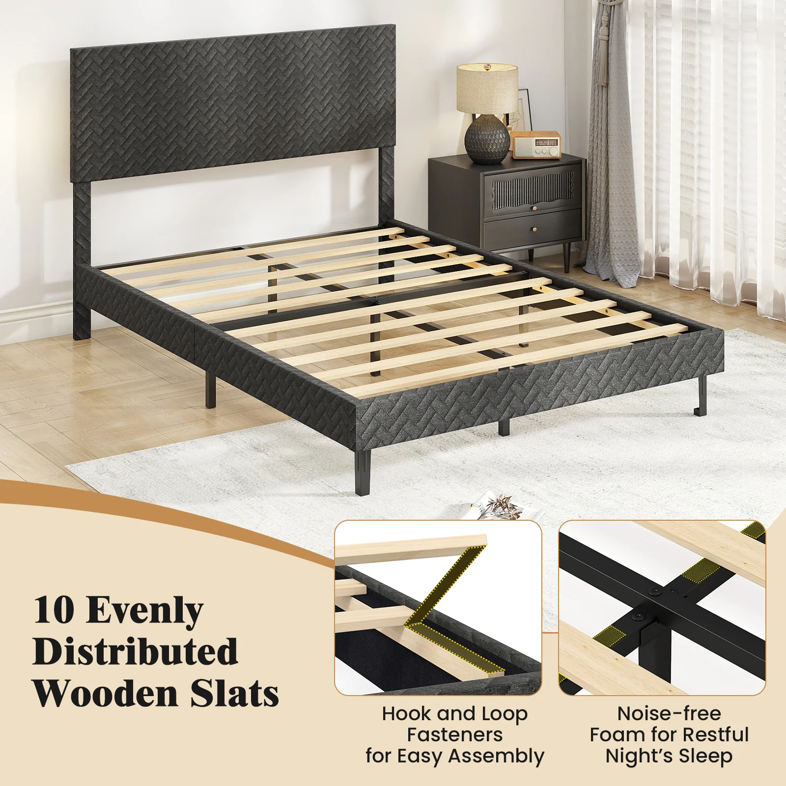 Full Size Velvet Bed Frame Upholstered Platform Bed with Chevron Headboard Gray - Image 7