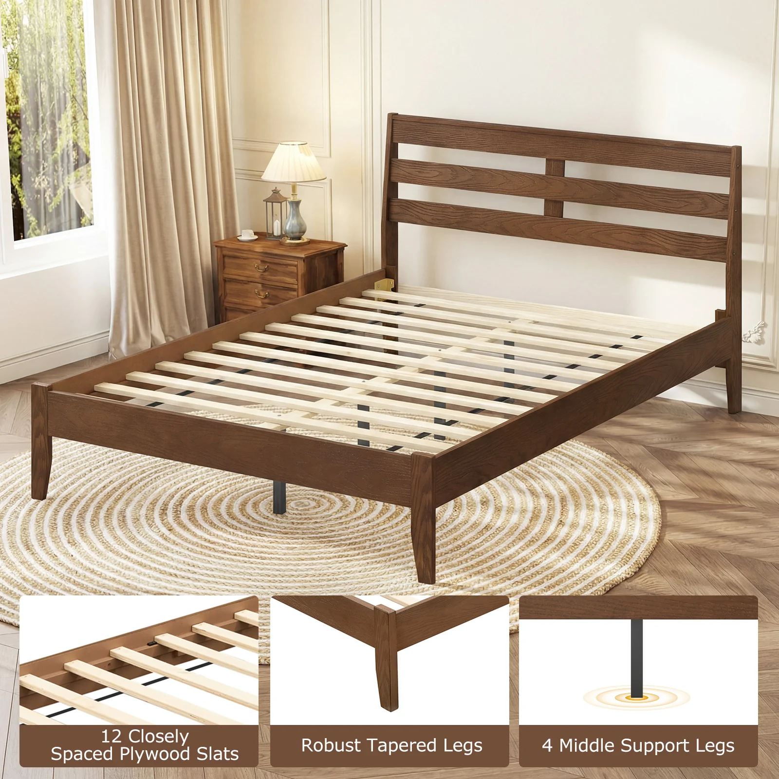 Full Size Wood Platform Bed Frame, Slat Headboard, Brown - Image 10