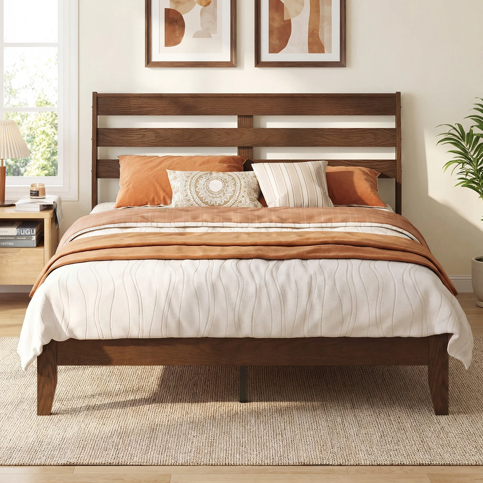 Full Size Wood Platform Bed Frame, Slat Headboard, Brown - Image 3